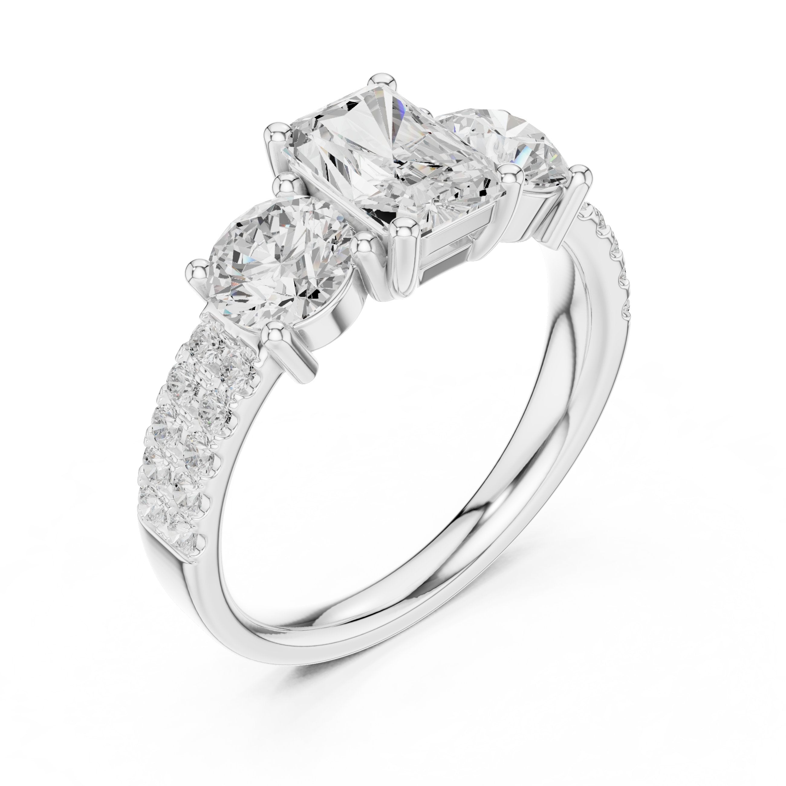 Radiant Cut Engagement Ring with Round Side Accents and Pavé Band in White Gold - VYKA Diamonds