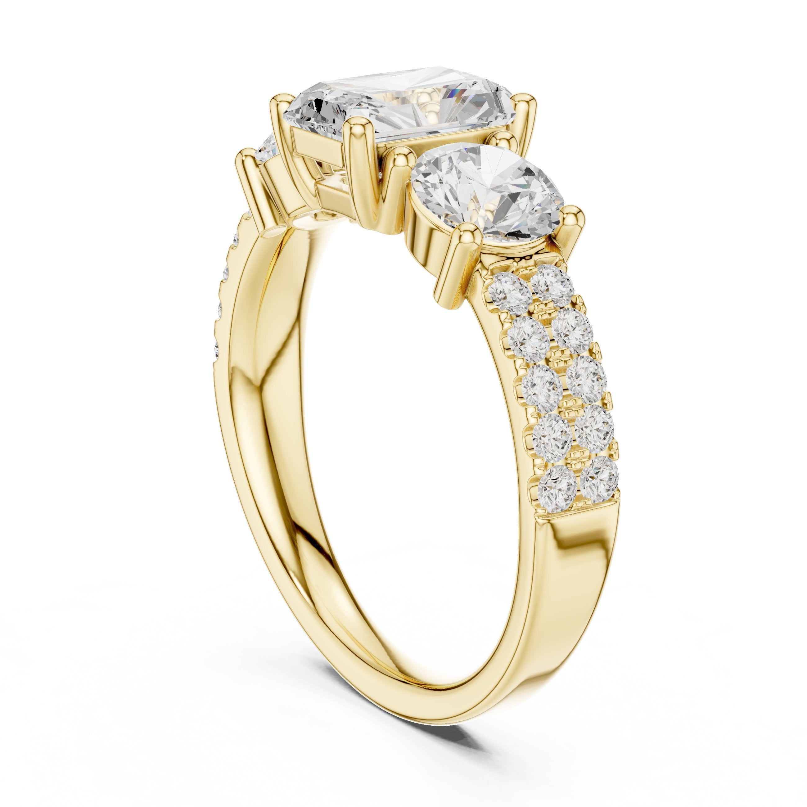 Radiant Cut Engagement Ring with Round Side Accents and Pavé Band in Yellow Gold - VYKA Diamonds