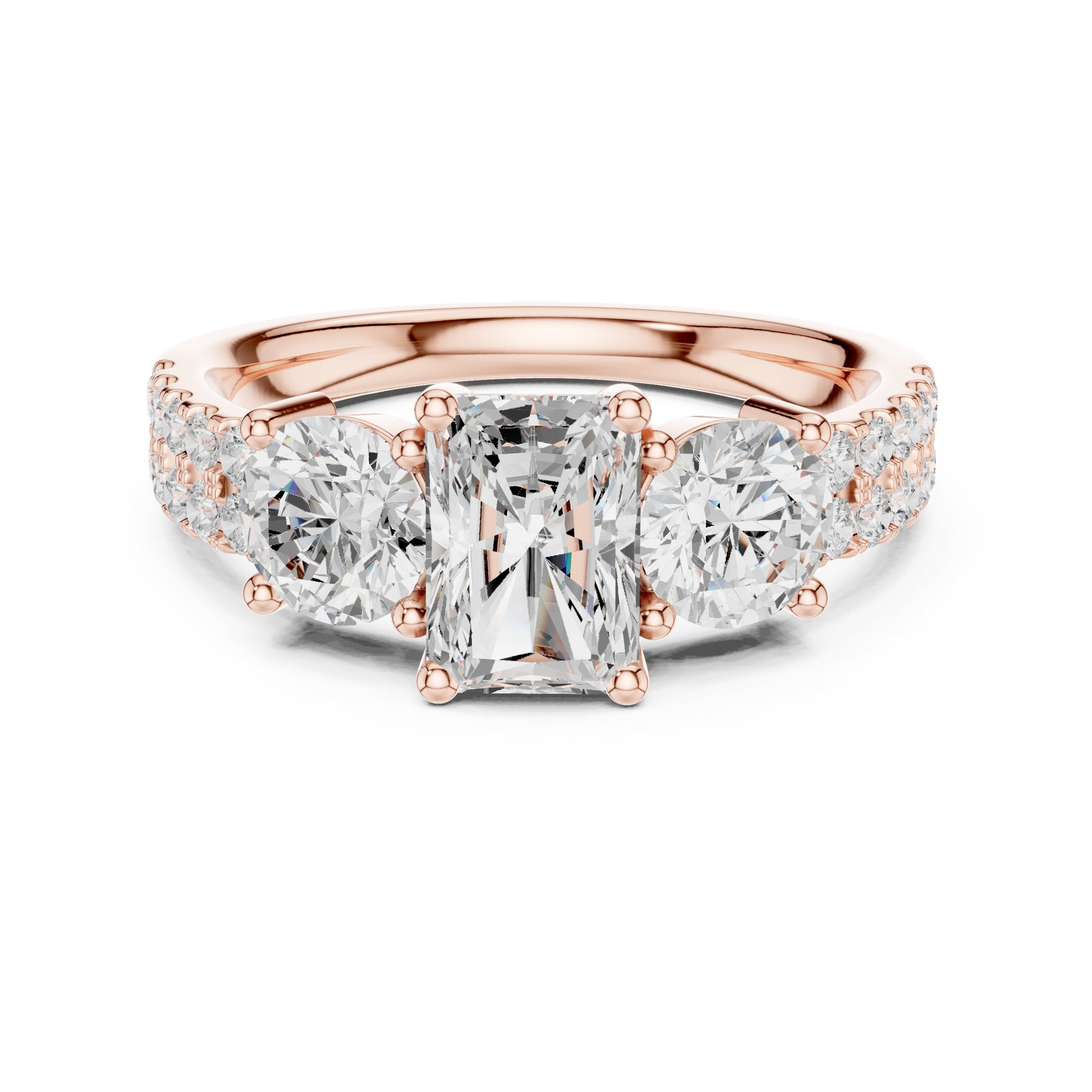 Radiant Cut Engagement Ring with Round Side Accents and Pavé Band in Rose Gold - VYKA Diamonds
