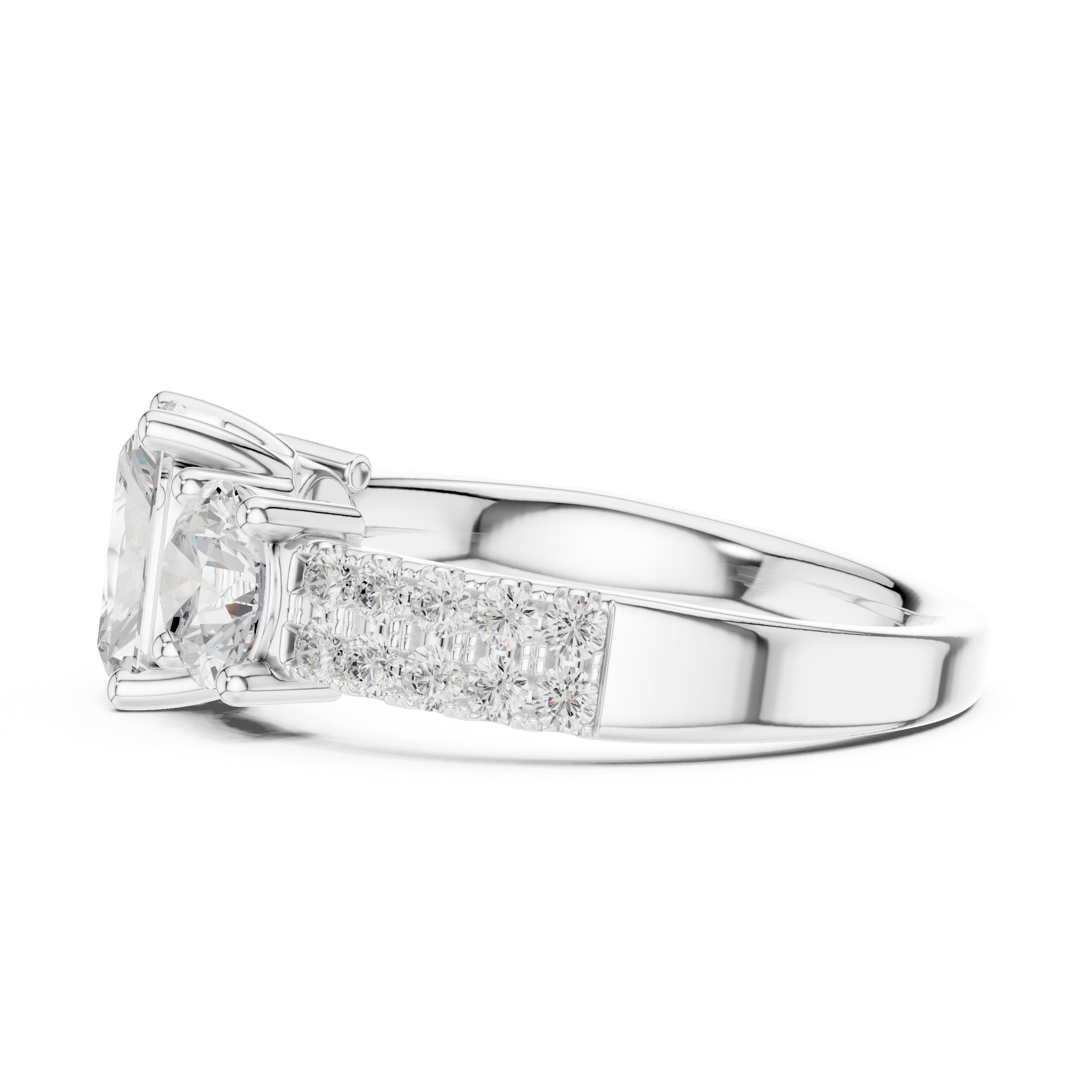 Radiant Cut Engagement Ring with Round Side Accents and Pavé Band in White Gold - VYKA Diamonds