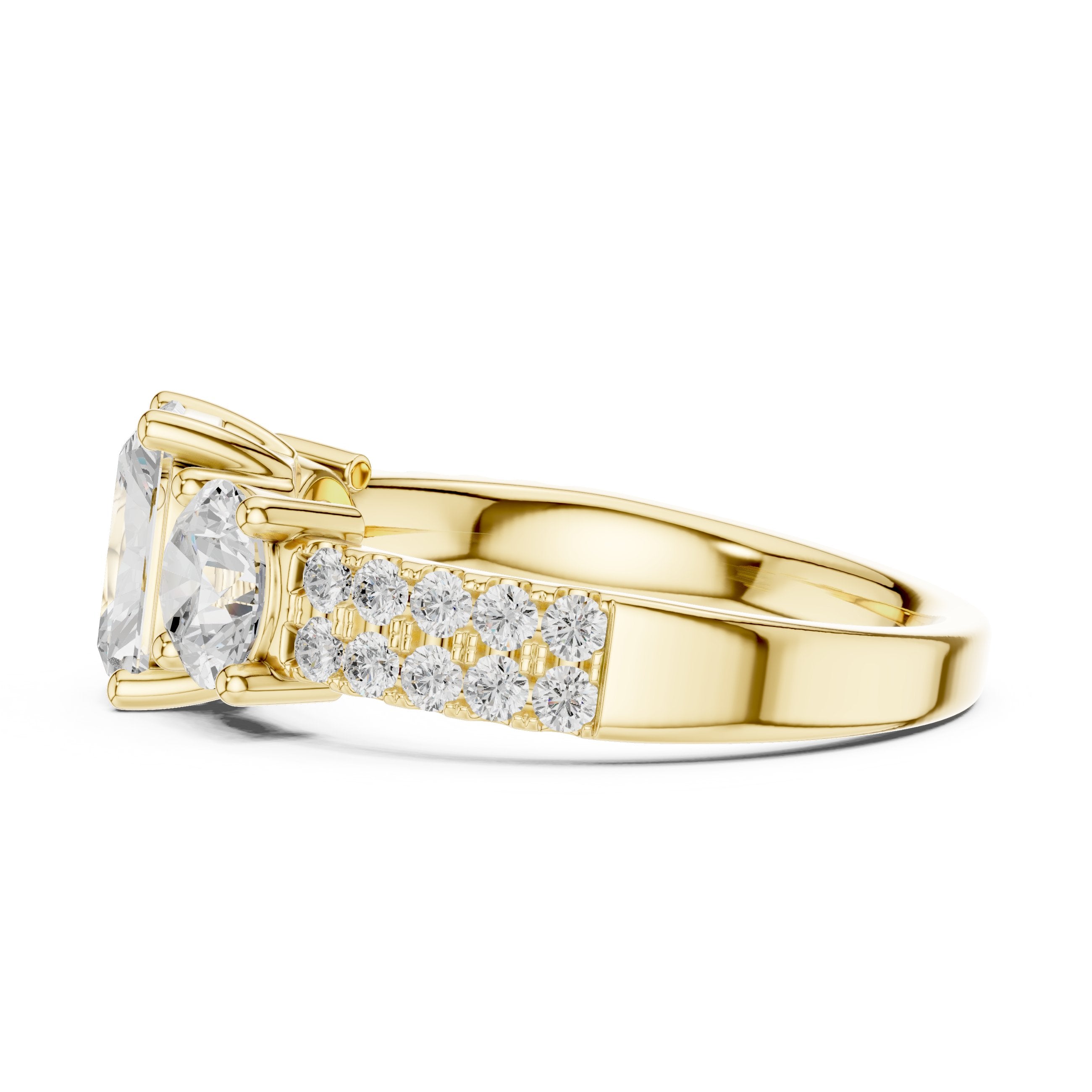 Radiant Cut Engagement Ring with Round Side Accents and Pavé Band in Yellow Gold - VYKA Diamonds