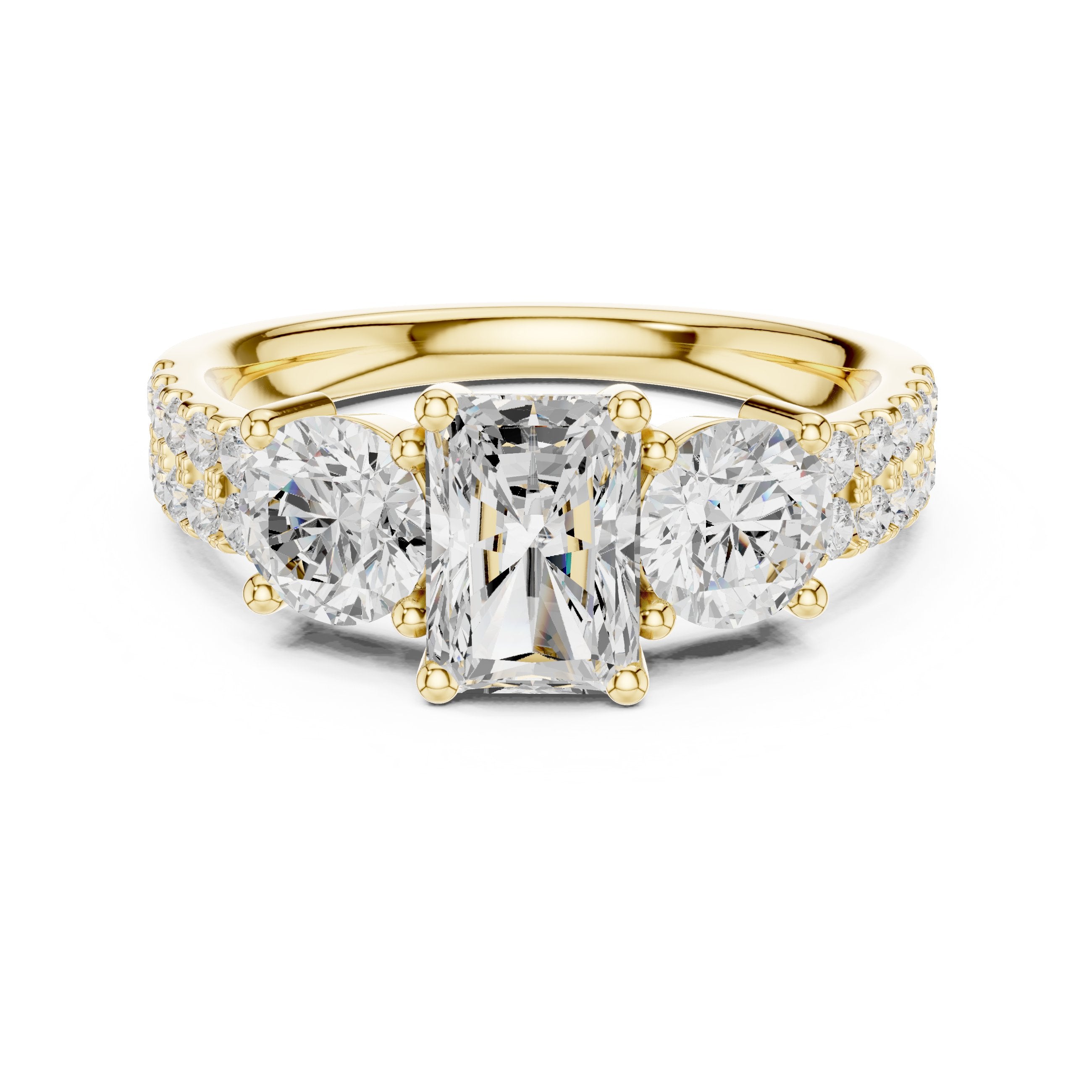 Radiant Cut Engagement Ring with Round Side Accents and Pavé Band in Yellow Gold - VYKA Diamonds