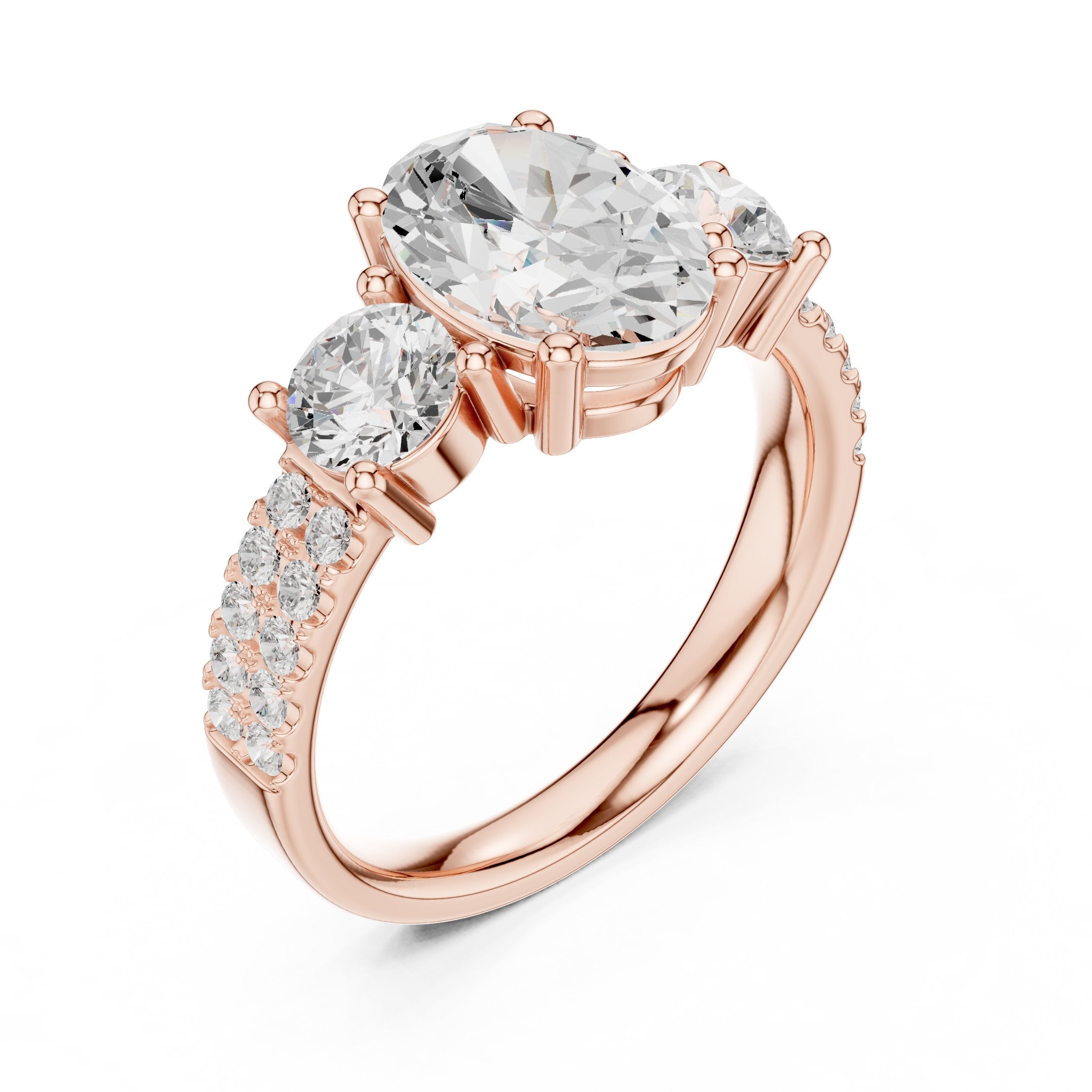 Oval Diamond Three Stone Engagement Ring with Round Sides and Pavé Band in Rose Gold - VYKA Diamonds