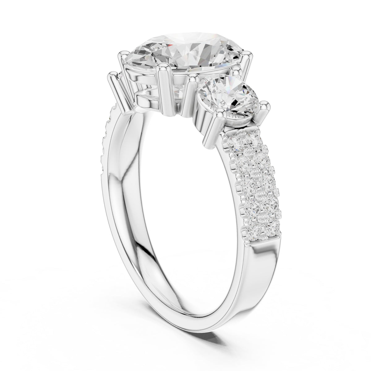 Oval Diamond Three Stone Engagement Ring with Round Sides and Pavé Band