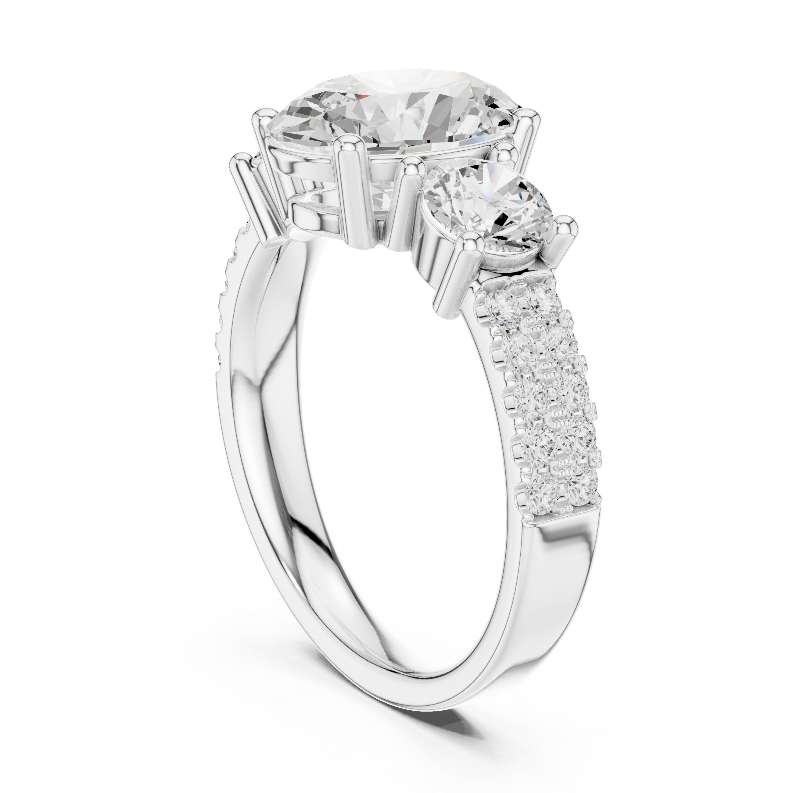 Oval Diamond Three Stone Engagement Ring with Round Sides and Pavé Band in White Gold - VYKA Diamonds