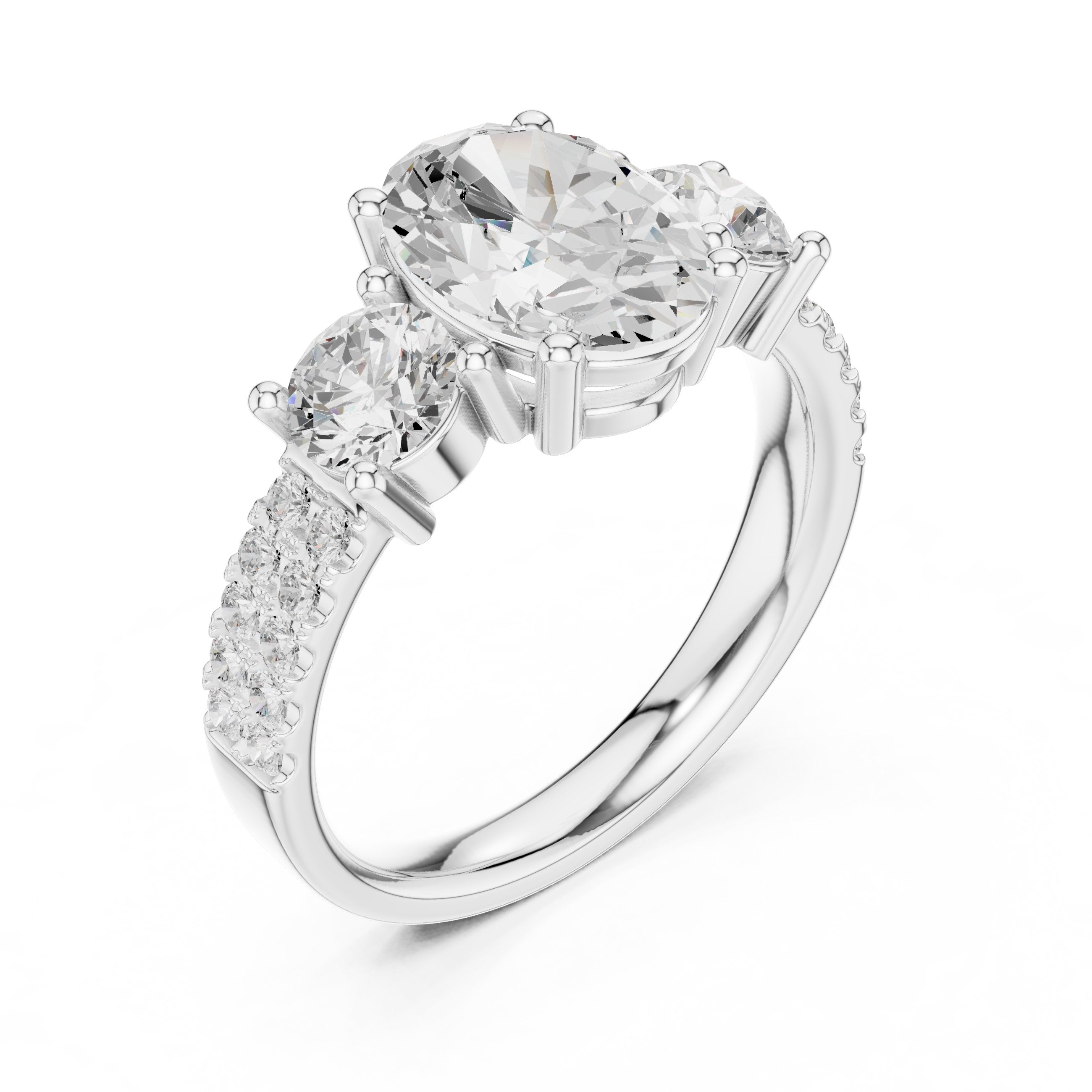 Oval Diamond Three Stone Engagement Ring with Round Sides and Pavé Band in White Gold - VYKA Diamonds