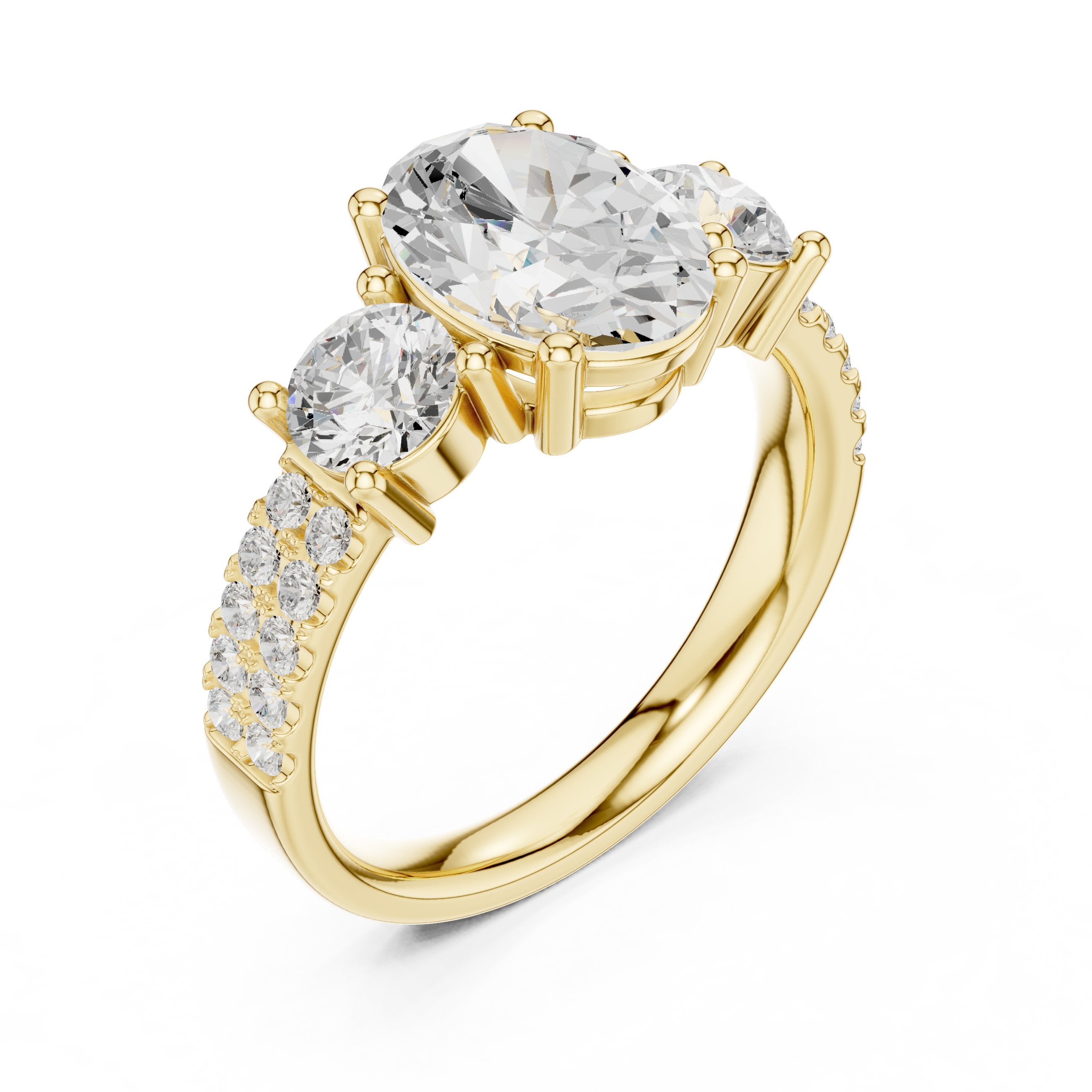 Oval Diamond Three Stone Engagement Ring with Round Sides and Pavé Band in Yellow Gold - VYKA Diamonds