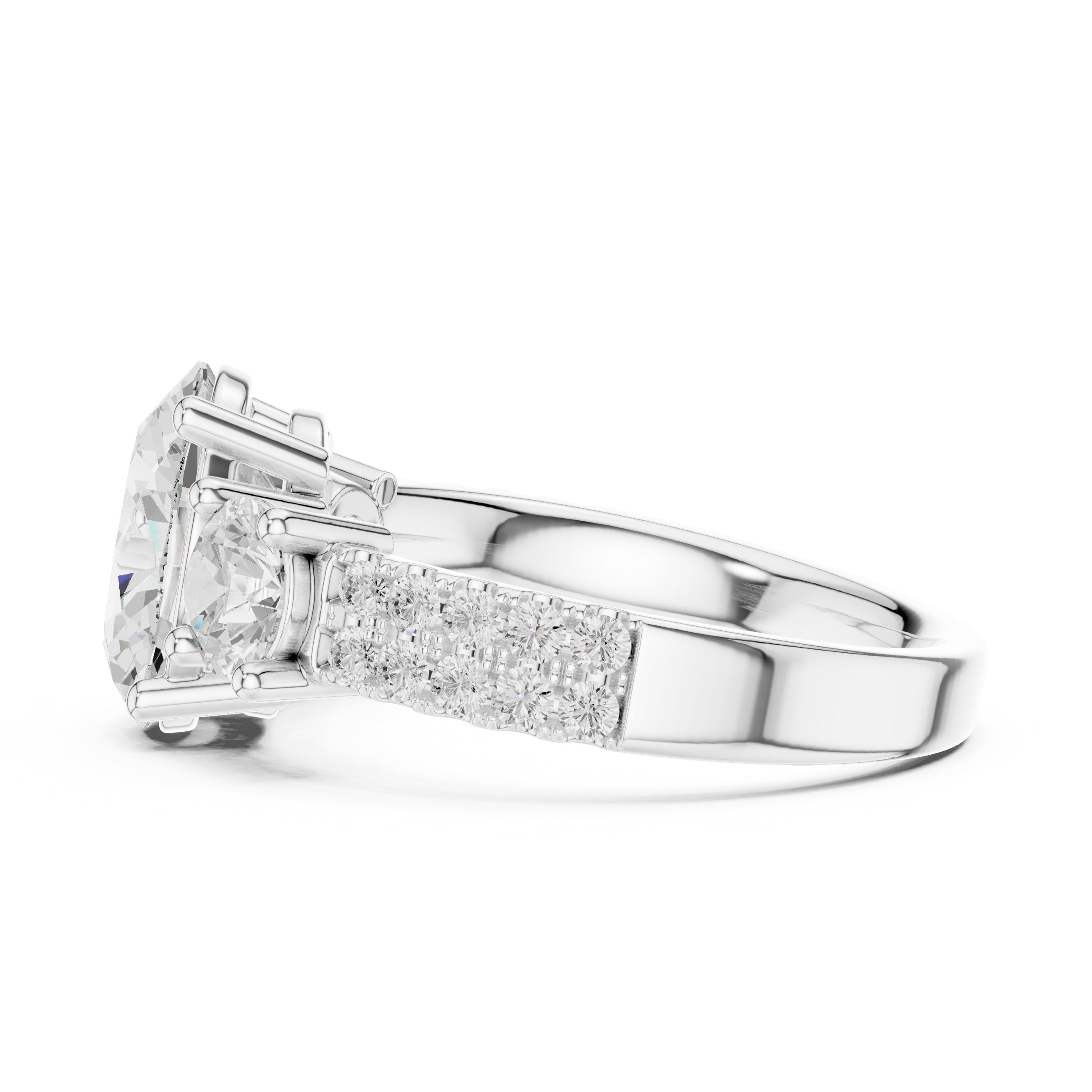 Oval Diamond Three Stone Engagement Ring with Round Sides and Pavé Band in White Gold - VYKA Diamonds