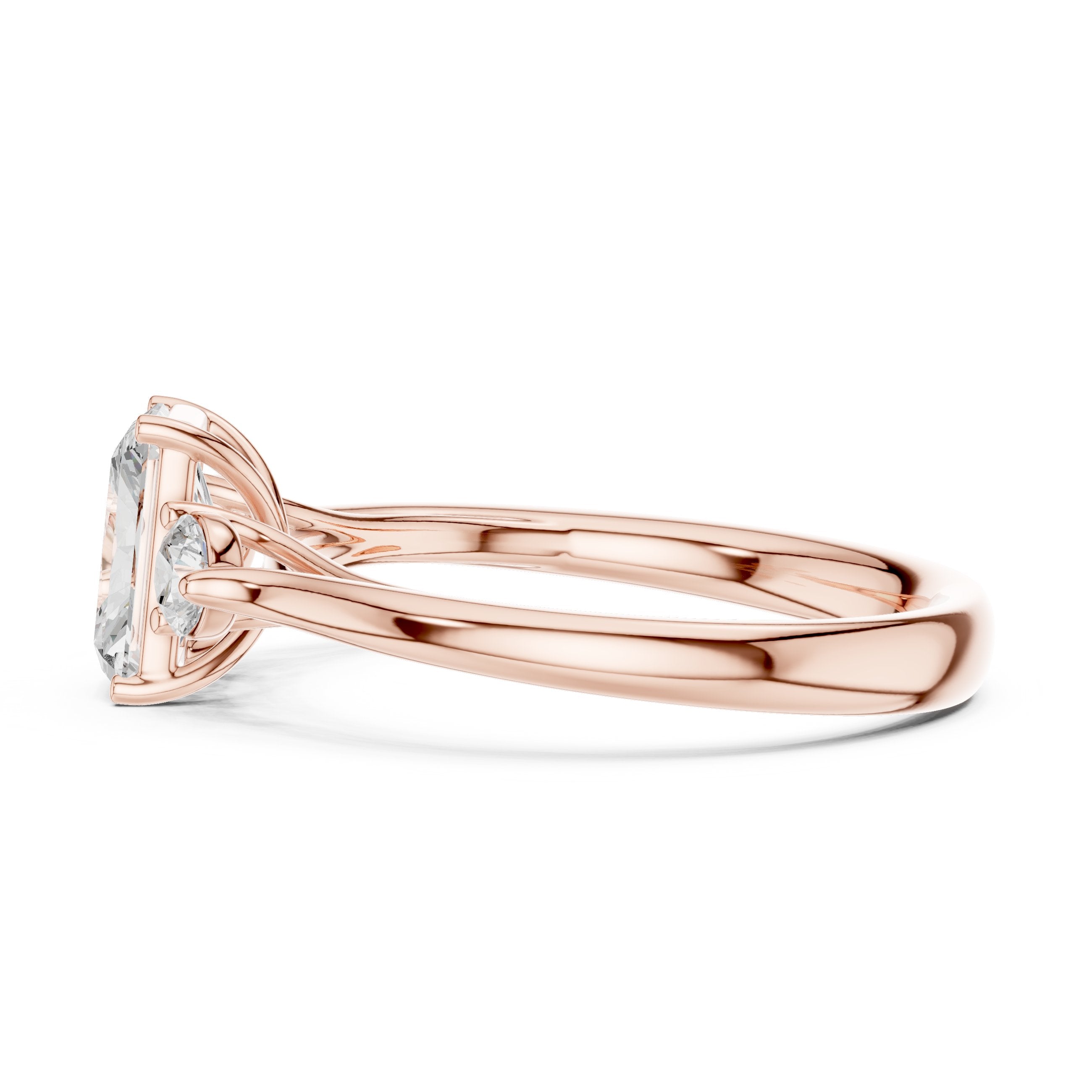 Emerald Cut Three Stone with Pear Shaped Diamonds in Rose Gold - VYKA Diamonds