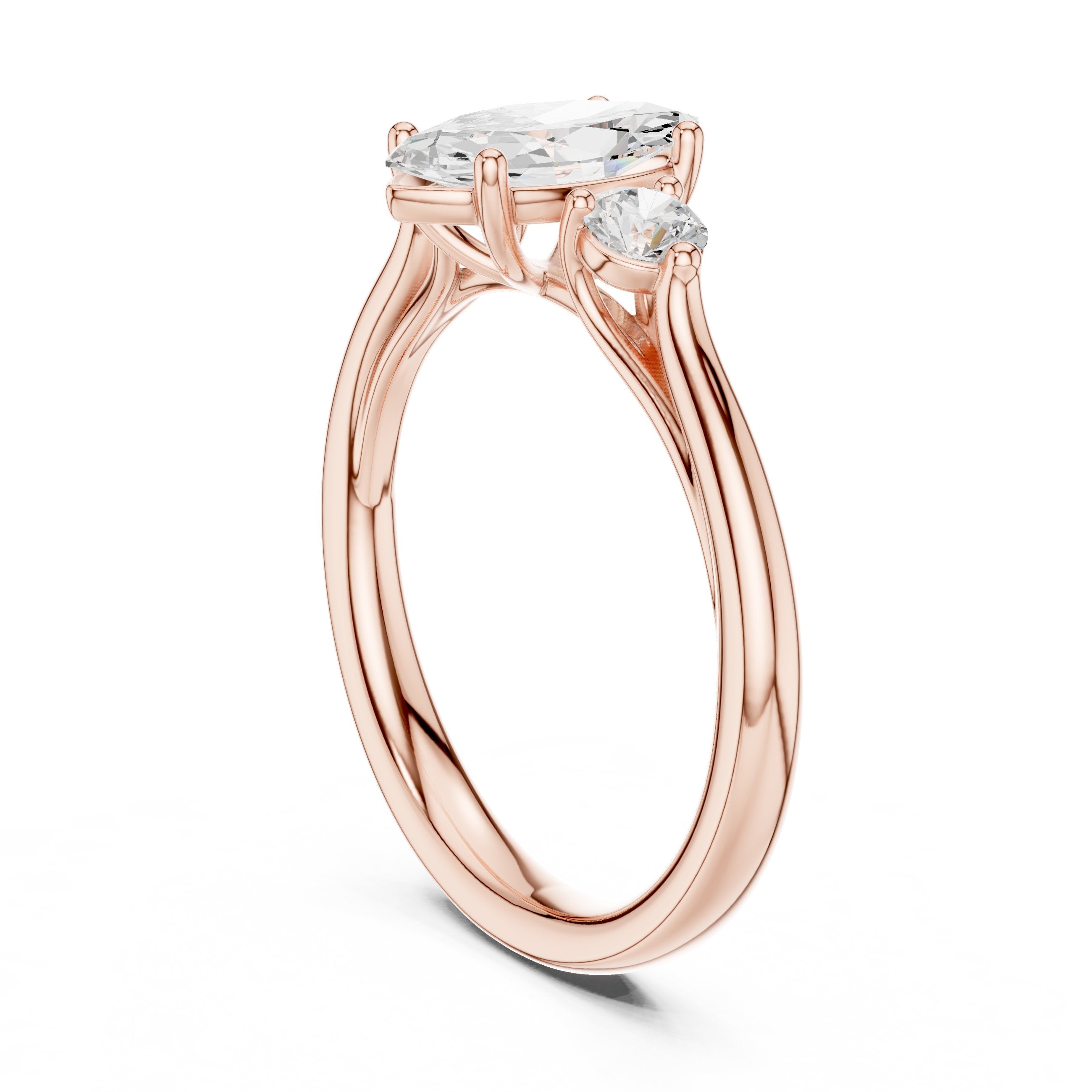 Marquise and Round Three Stone Engagement Ring in Rose Gold - VYKA Diamonds