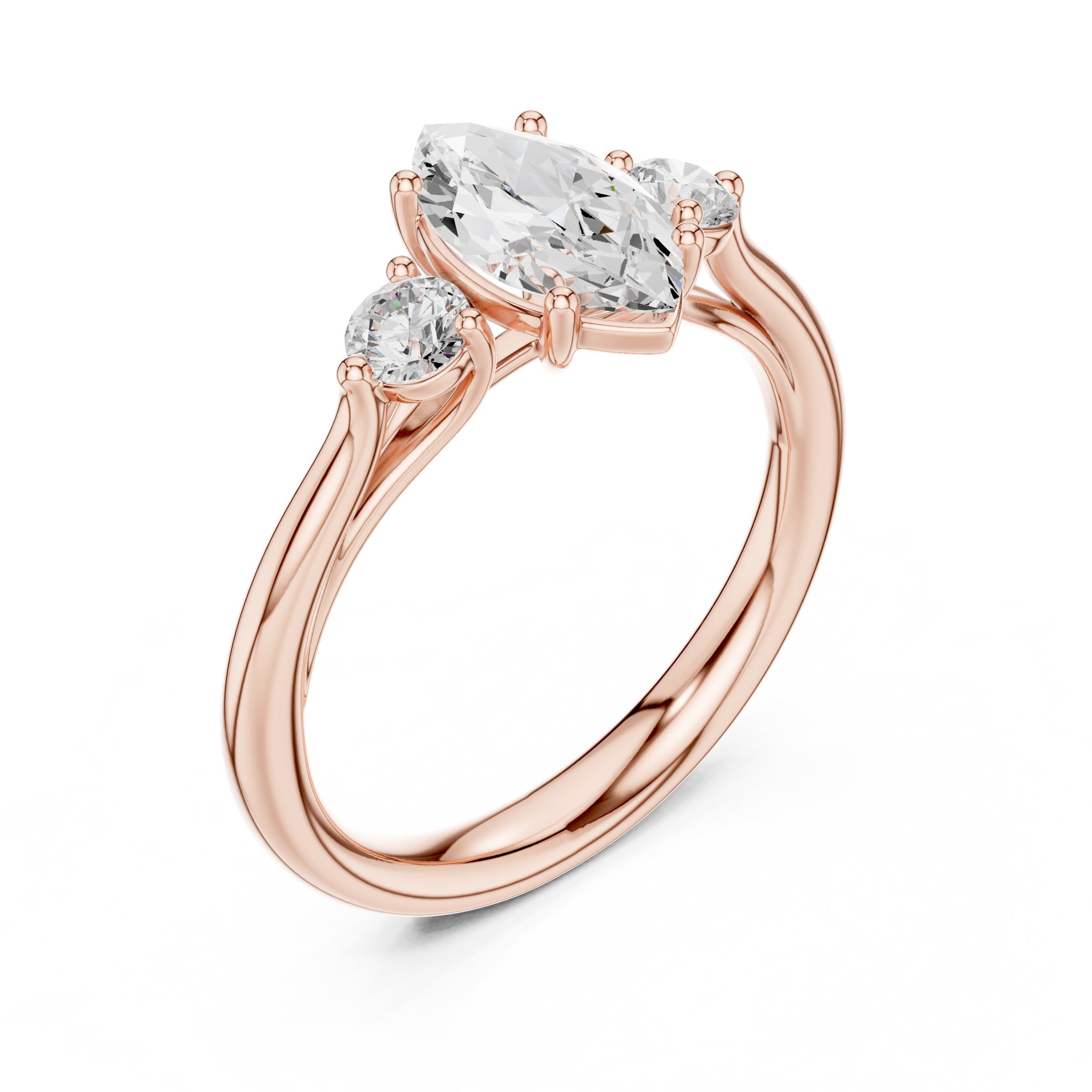 Marquise and Round Three Stone Engagement Ring in Rose Gold - VYKA Diamonds