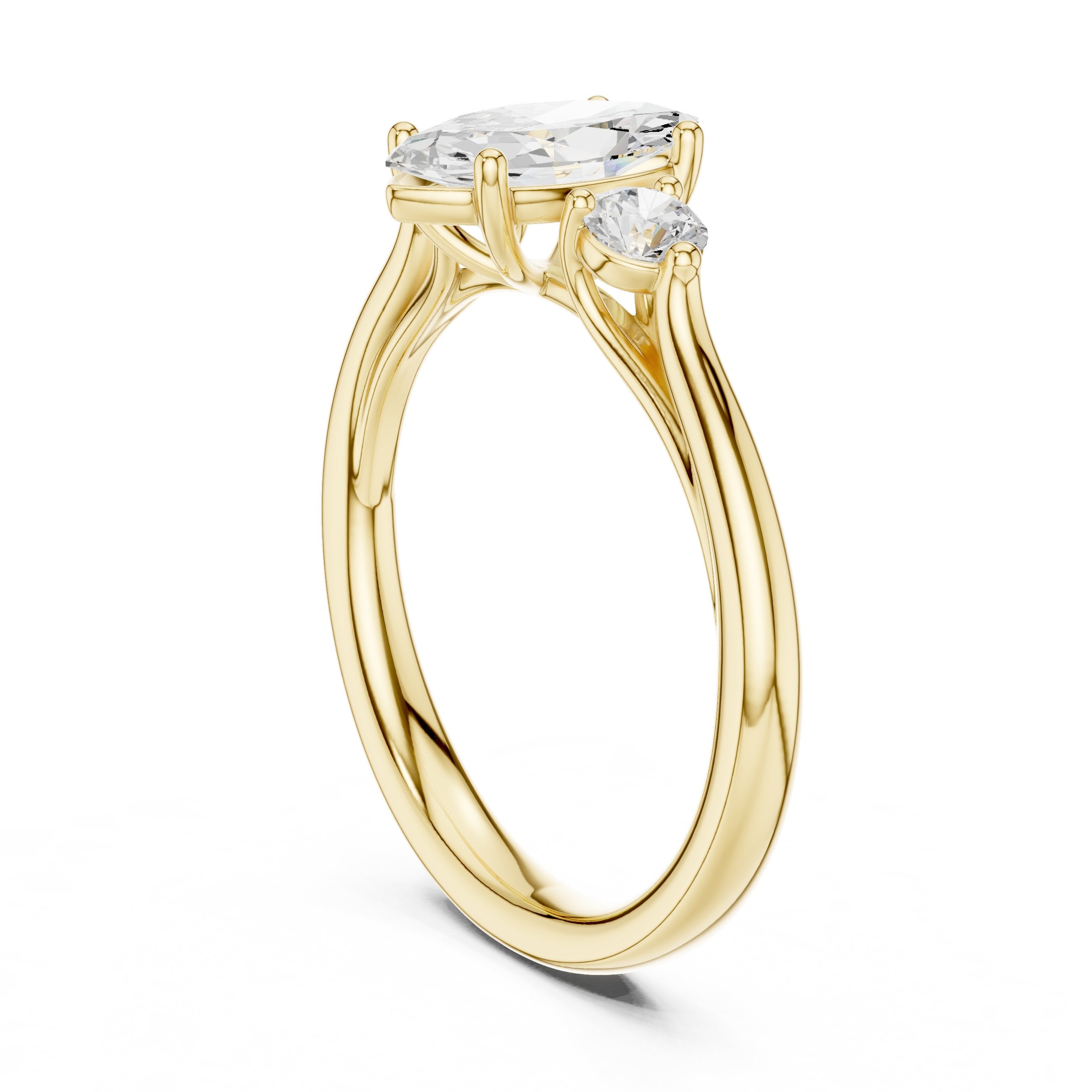 Marquise and Round Three Stone Engagement Ring in Yellow Gold - VYKA Diamonds