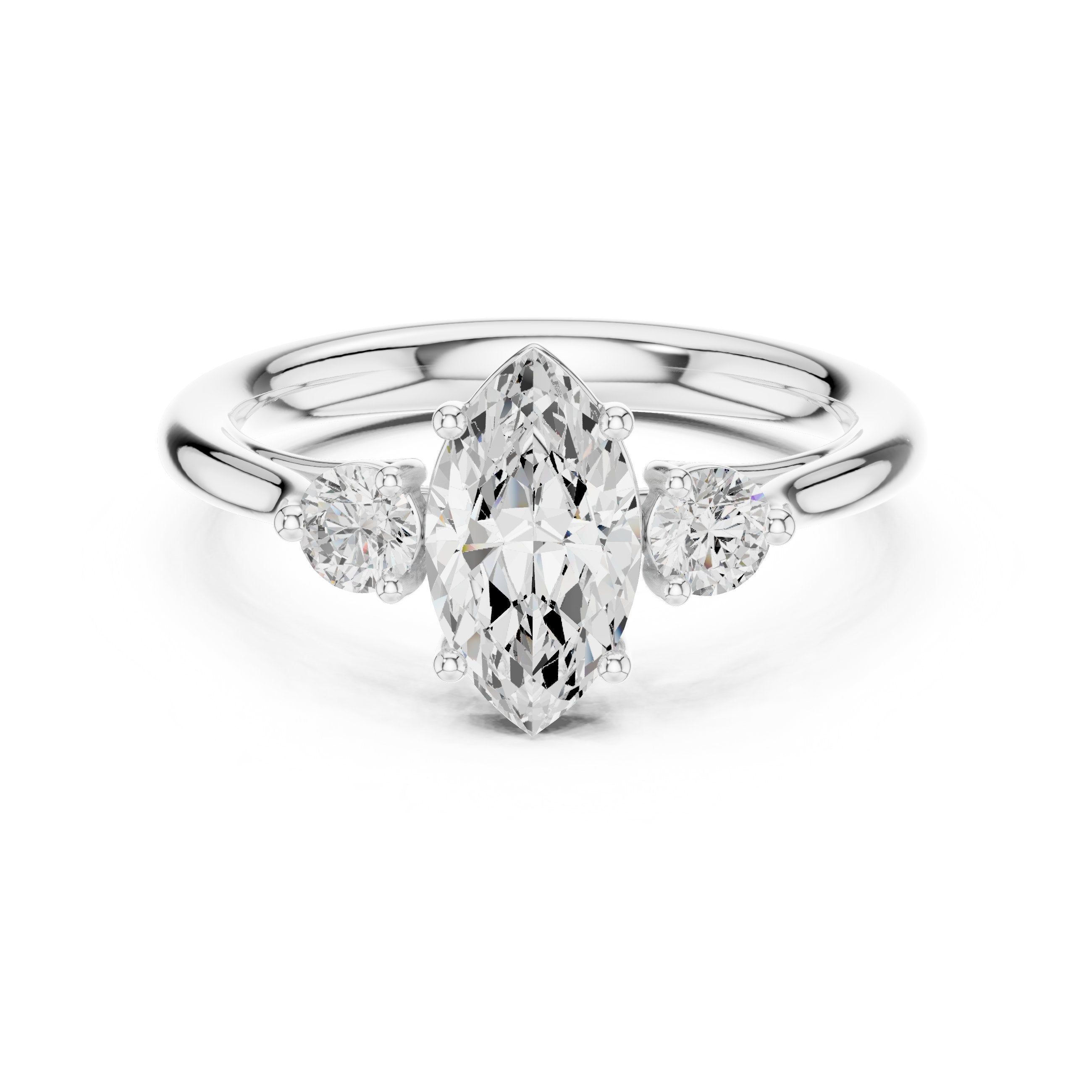 Marquise and Round Three Stone Engagement Ring in White Gold - VYKA Diamonds