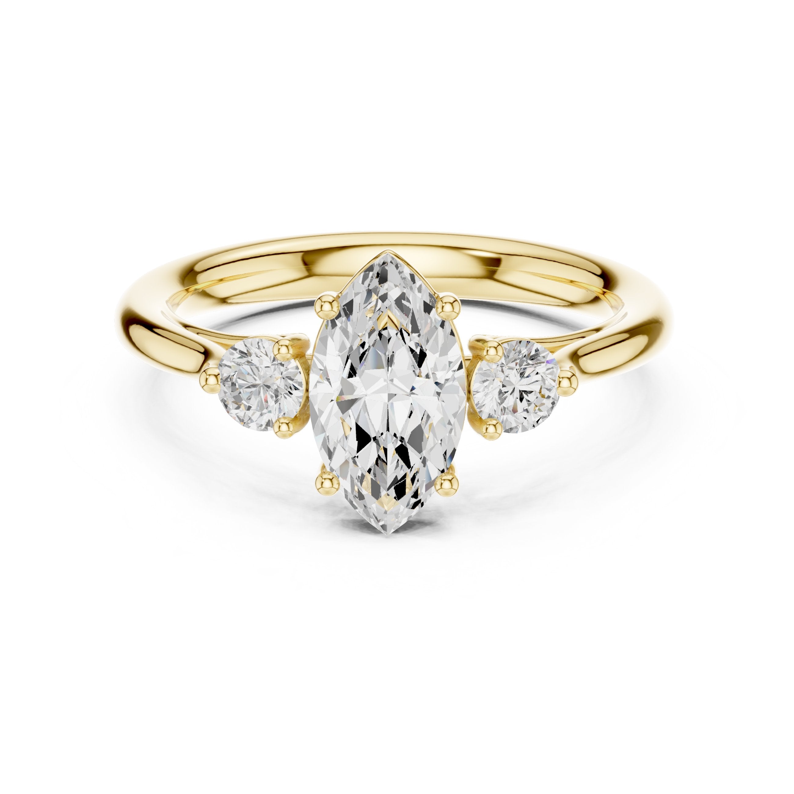 Marquise and Round Three Stone Engagement Ring in Yellow Gold - VYKA Diamonds