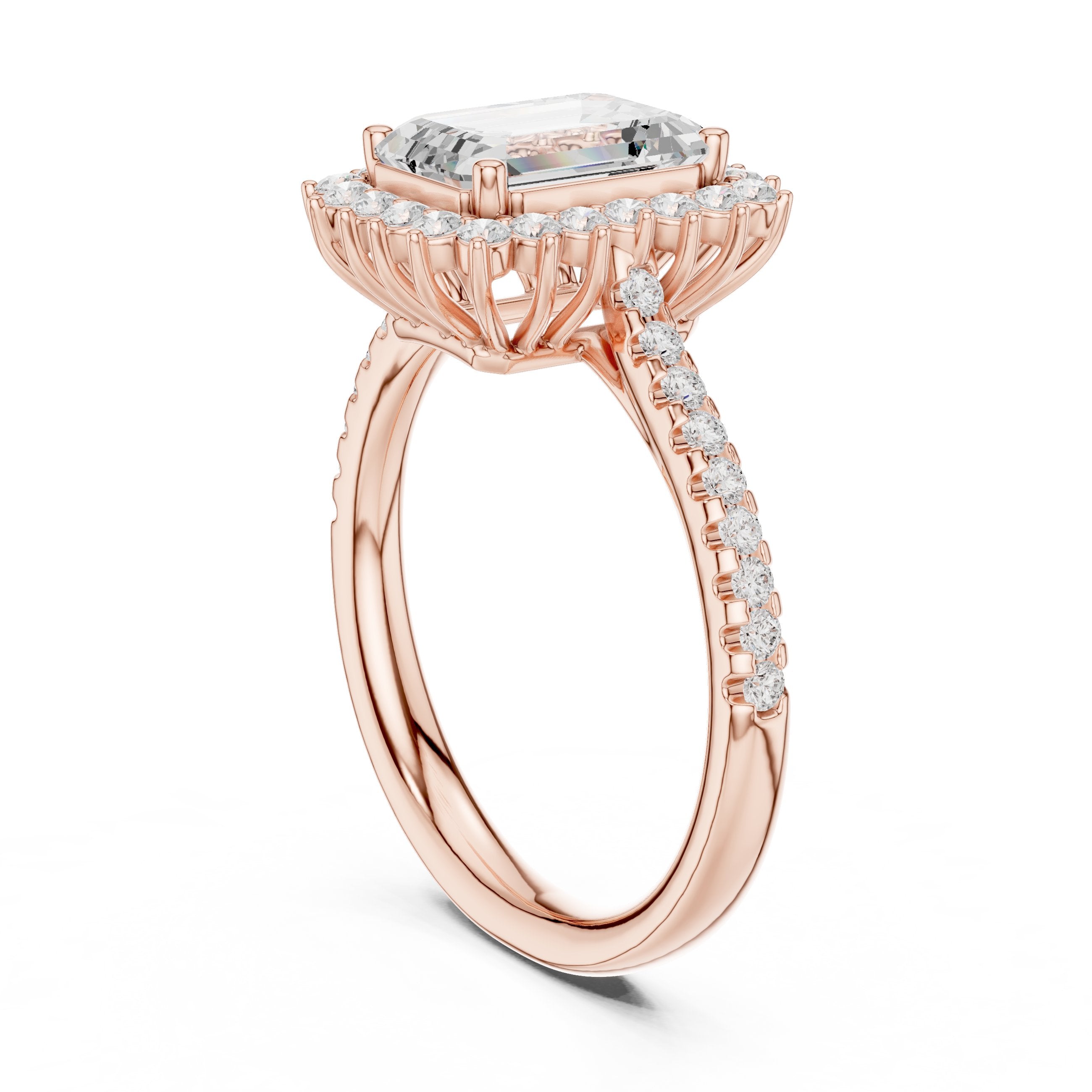 Emerald Cut Diamond Ballerina Halo Engagement Ring in Rose Gold - VYKA Diamonds
