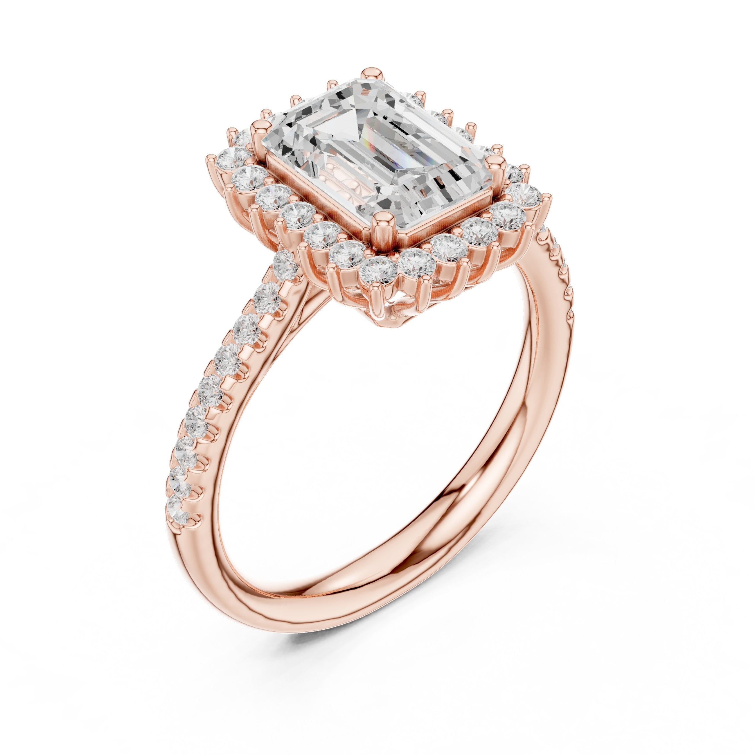 Emerald Cut Diamond Ballerina Halo Engagement Ring in Rose Gold - VYKA Diamonds