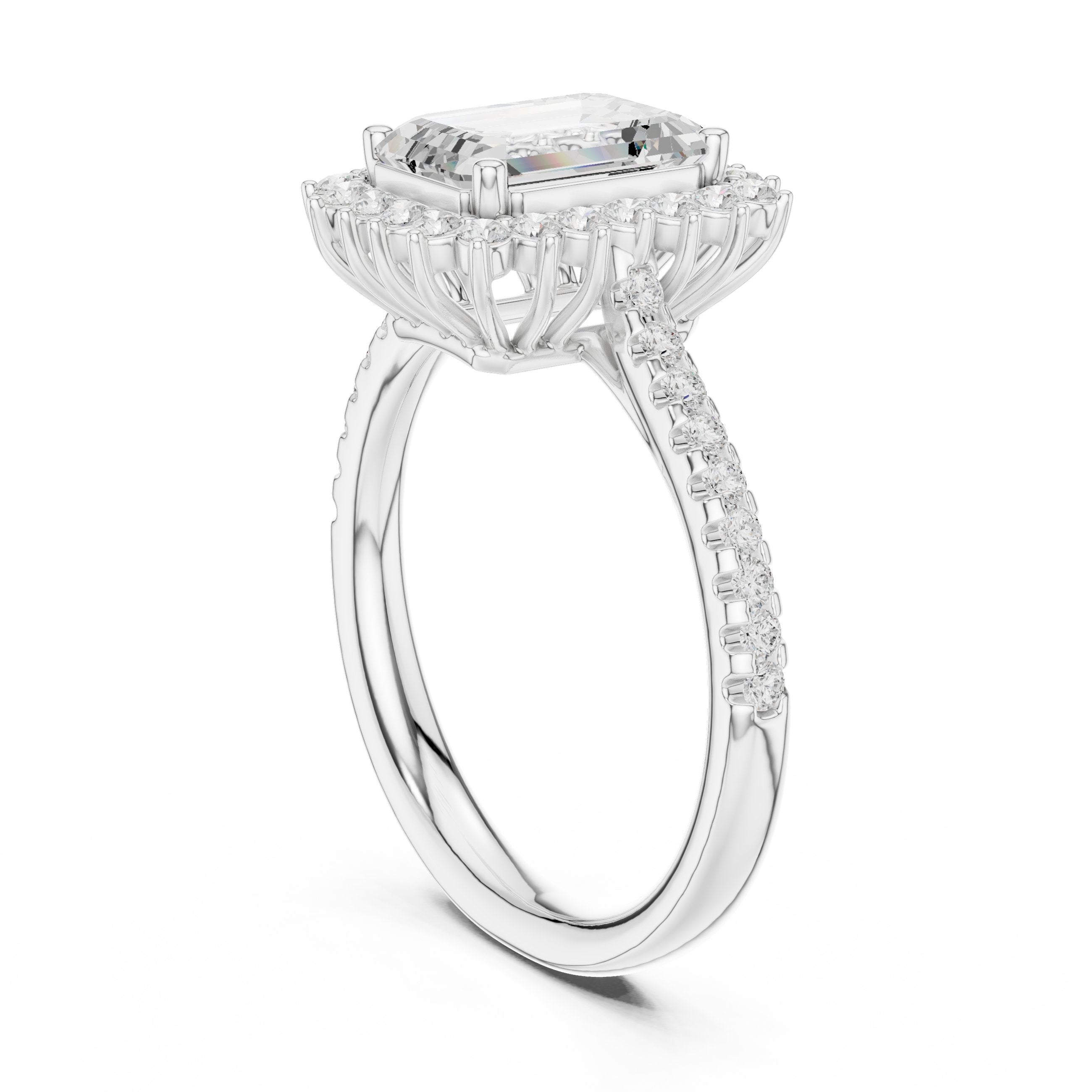 Emerald Cut Diamond Ballerina Halo Engagement Ring in White Gold - VYKA Diamonds