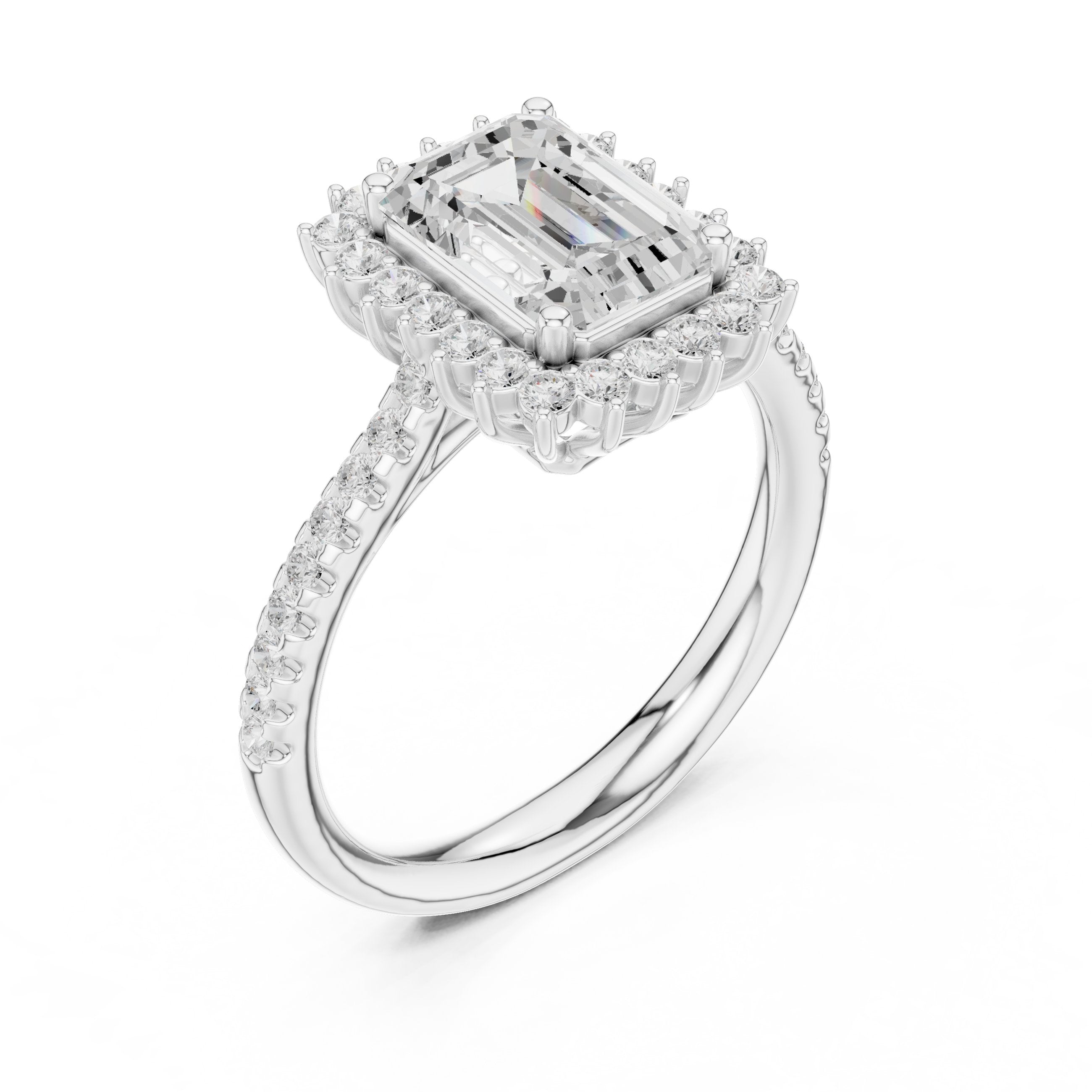 Emerald Cut Diamond Ballerina Halo Engagement Ring in White Gold - VYKA Diamonds