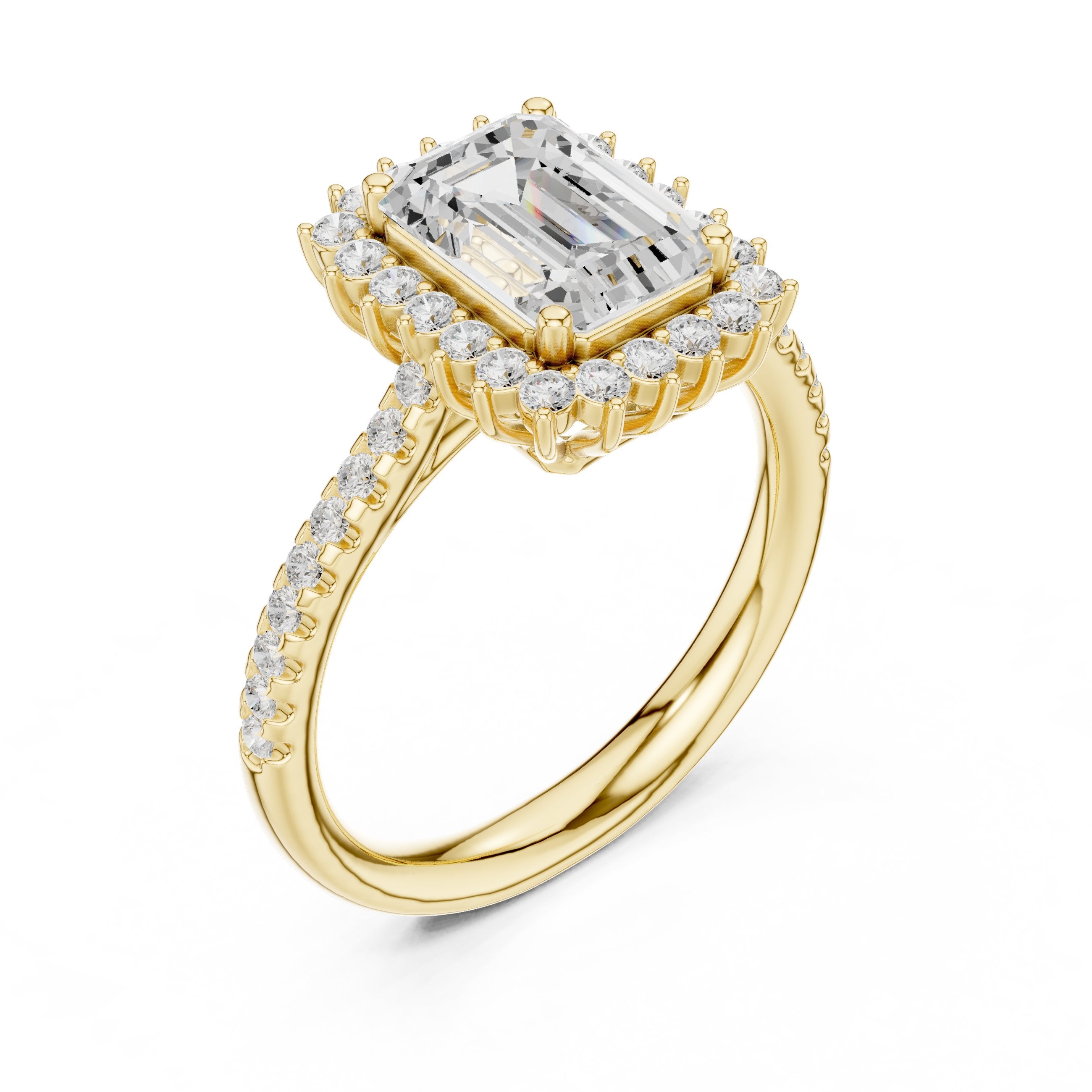 Emerald Cut Diamond Ballerina Halo Engagement Ring in Yellow Gold - VYKA Diamonds