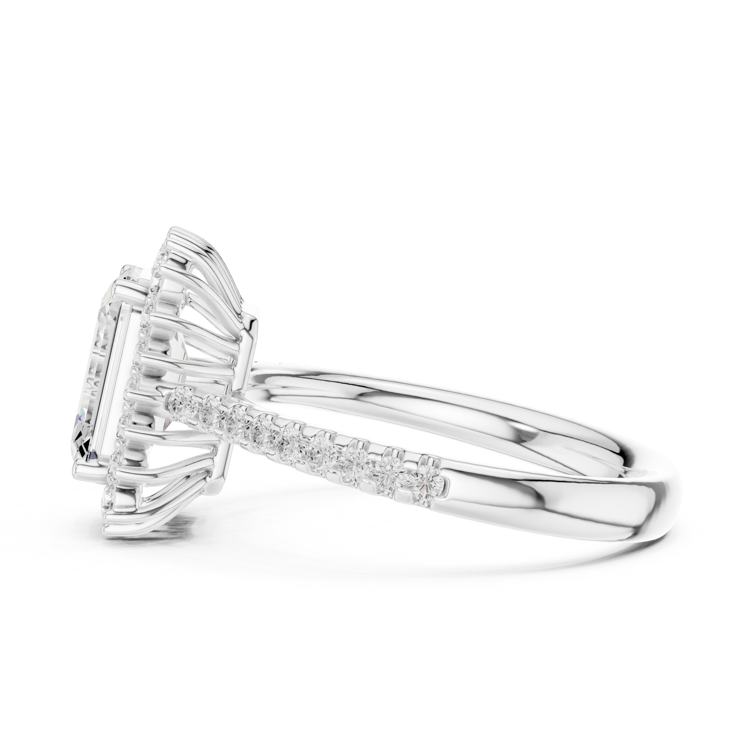 Emerald Cut Diamond Ballerina Halo Engagement Ring in White Gold - VYKA Diamonds