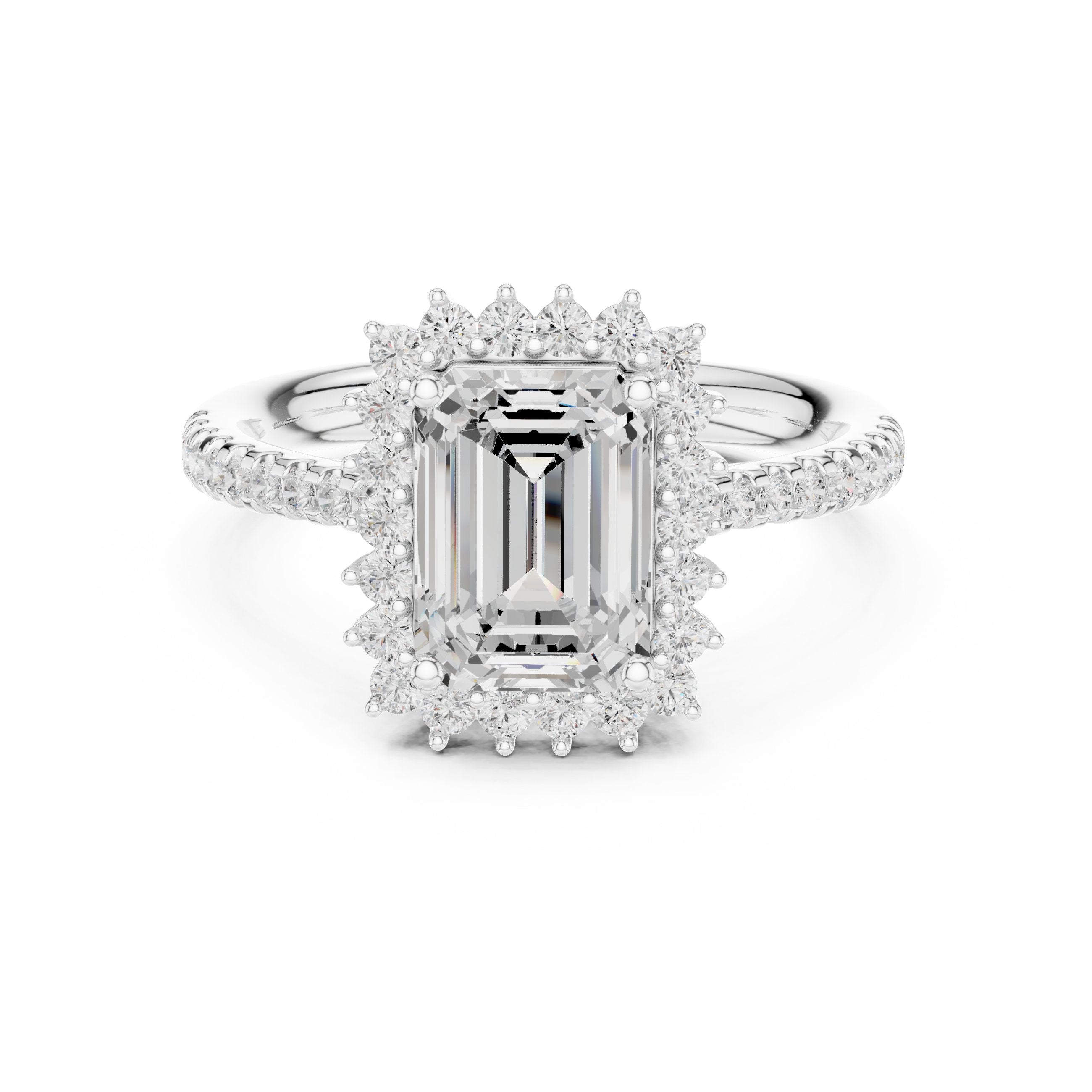 Emerald Cut Diamond Ballerina Halo Engagement Ring in White Gold - VYKA Diamonds