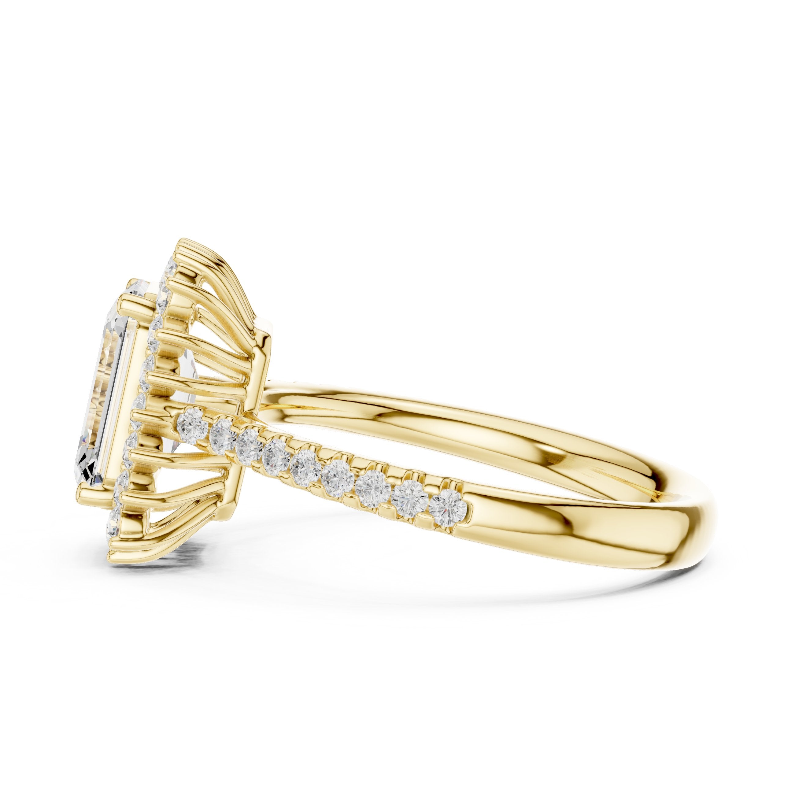 Emerald Cut Diamond Ballerina Halo Engagement Ring in Yellow Gold - VYKA Diamonds