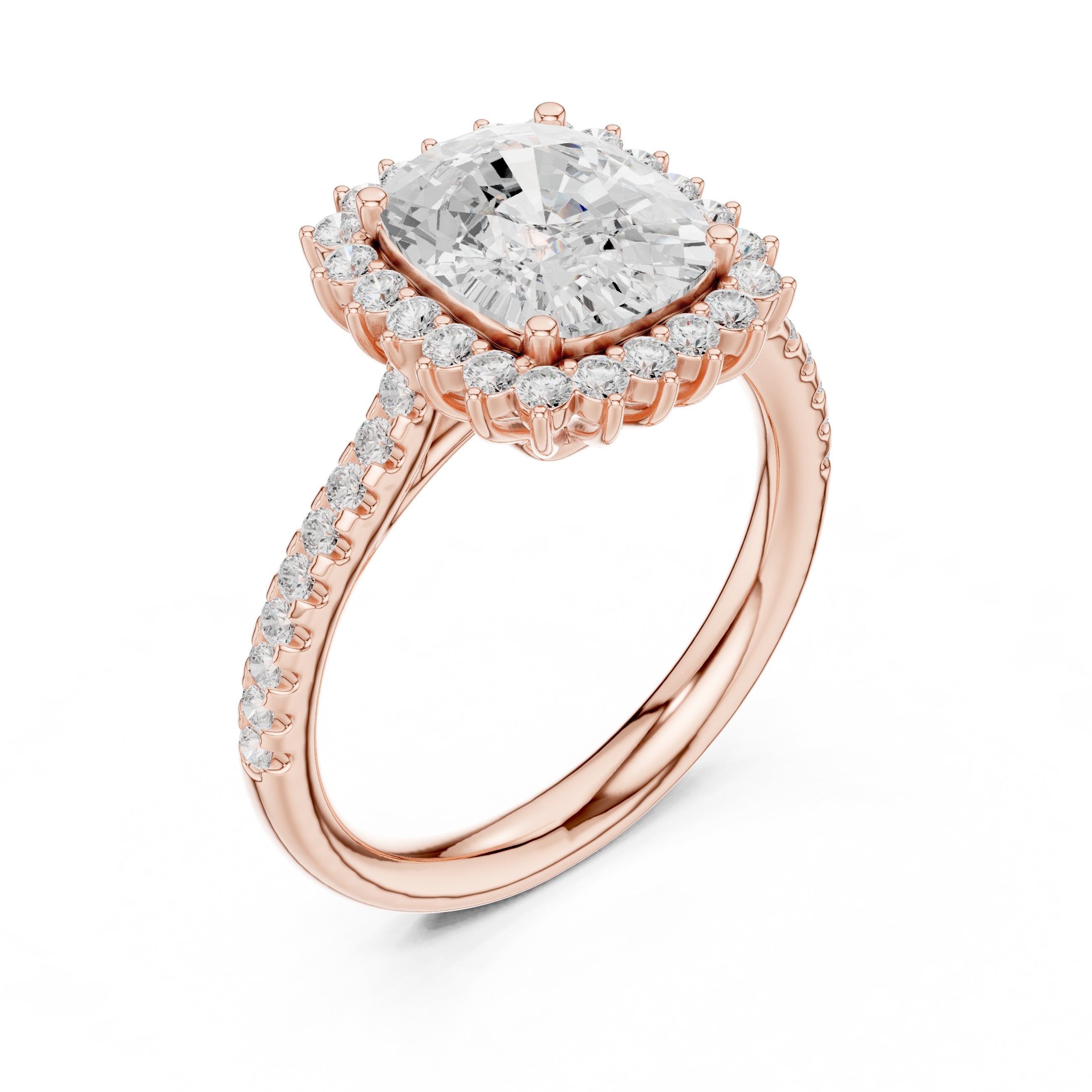 Cushion Cut Halo Engagement Ring with Pavé Band in Rose Gold - VYKA Diamonds