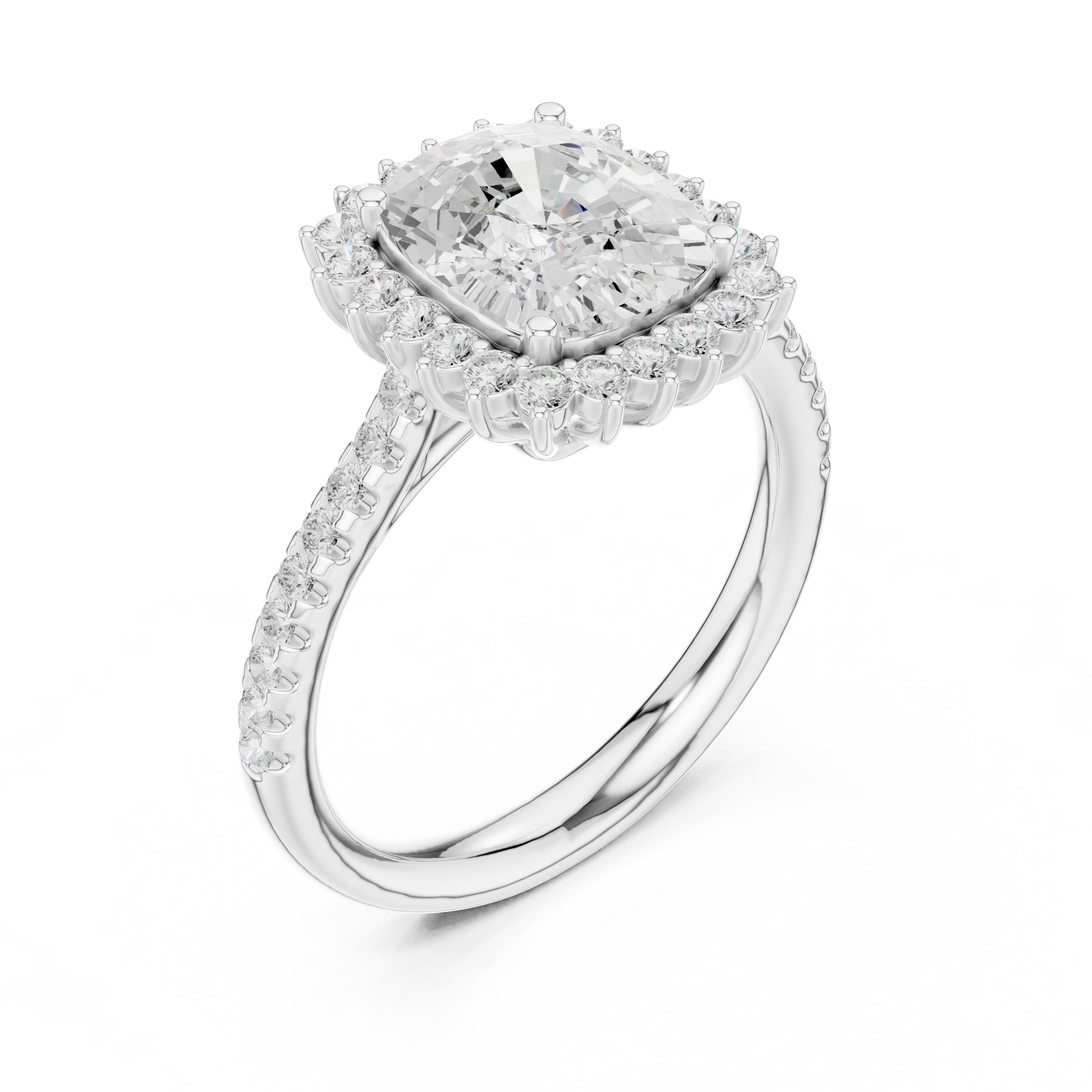 Cushion Cut Halo Engagement Ring with Pavé Band in White Gold - VYKA Diamonds