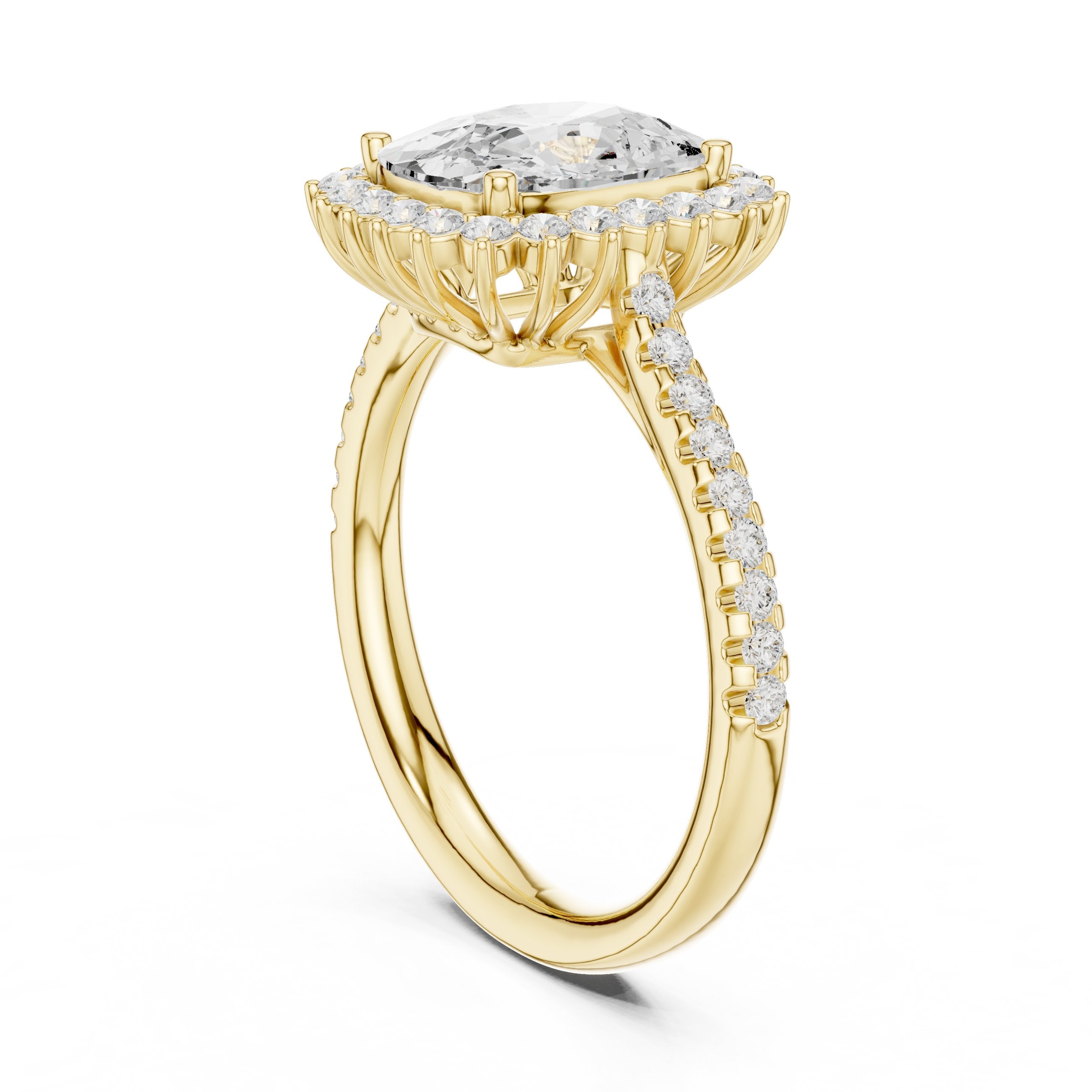 Cushion Cut Halo Engagement Ring with Pavé Band in Yellow Gold - VYKA Diamonds