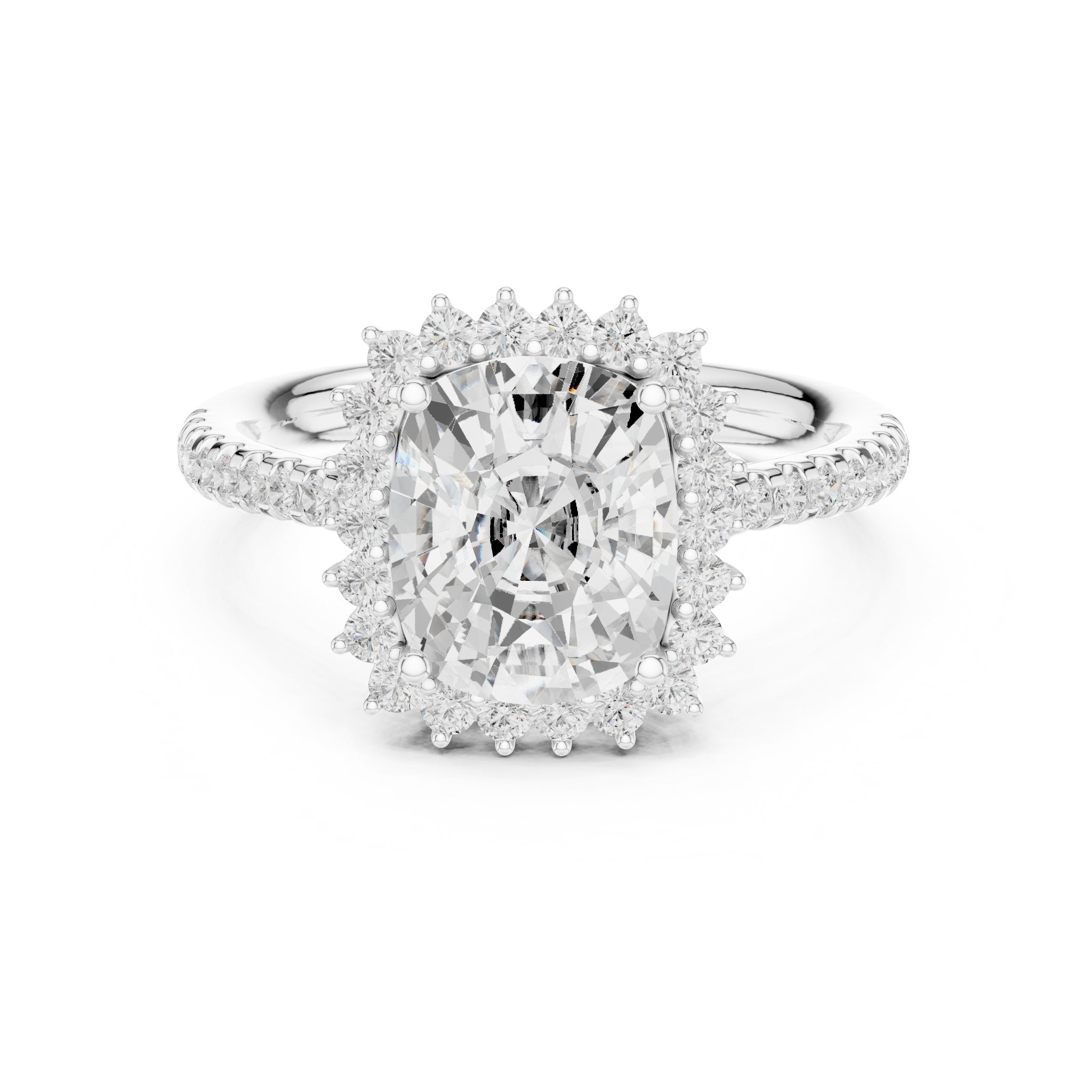Cushion Cut Halo Engagement Ring with Pavé Band in White Gold - VYKA Diamonds