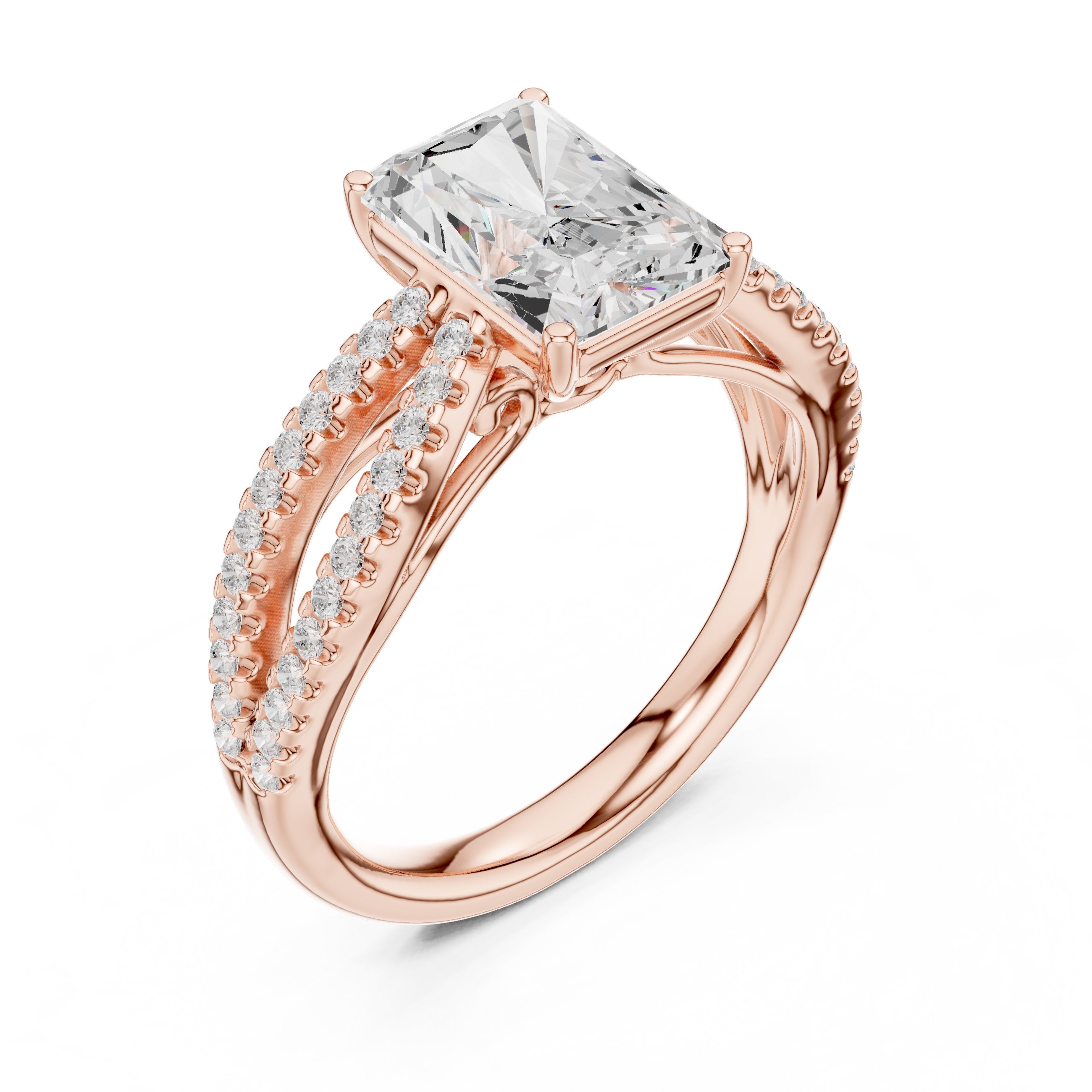 Radiant Cut Engagement Ring with Crossover Pavé Split Shank in Rose Gold - VYKA Diamonds