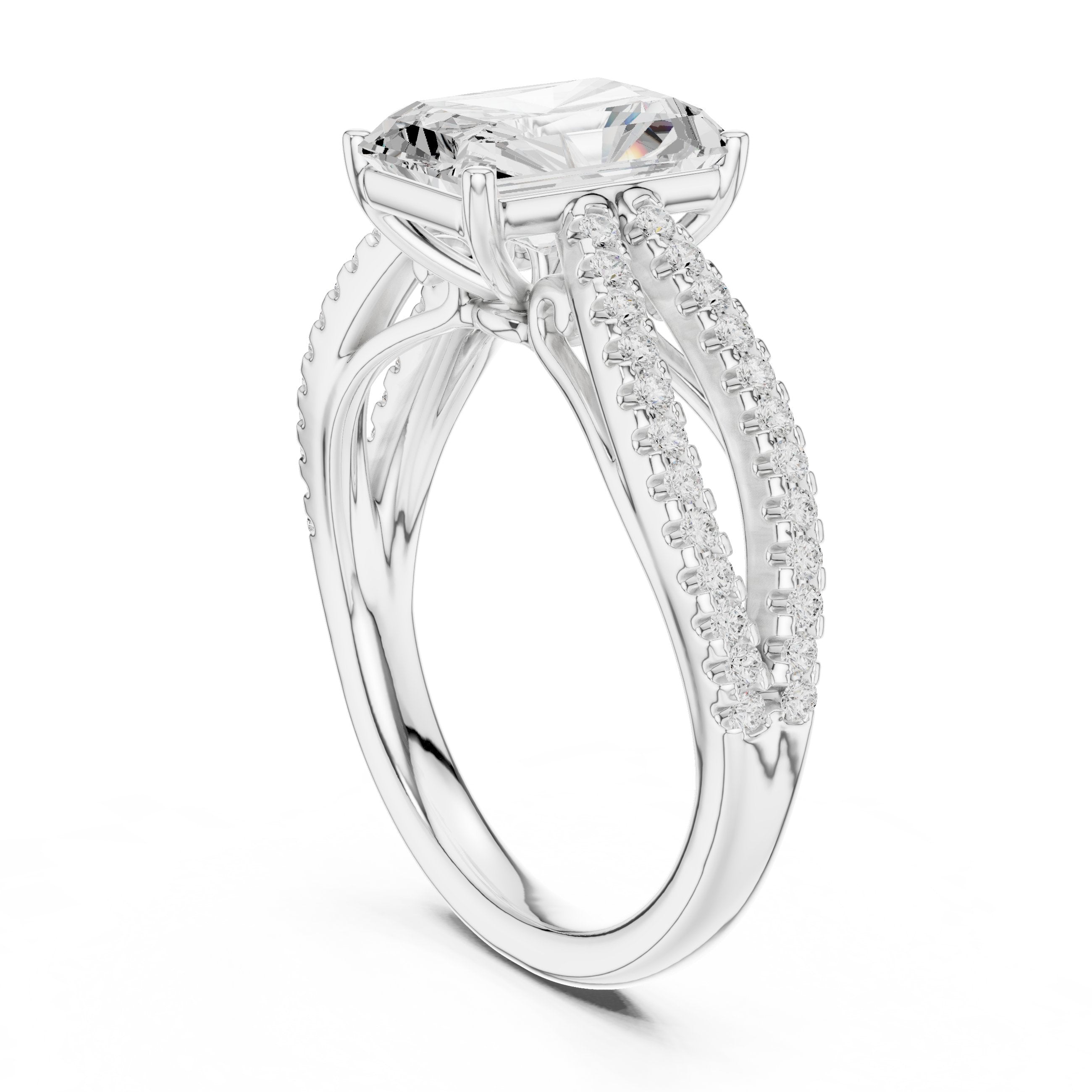 Radiant Cut Engagement Ring with Crossover Pavé Split Shank in White Gold - VYKA Diamonds