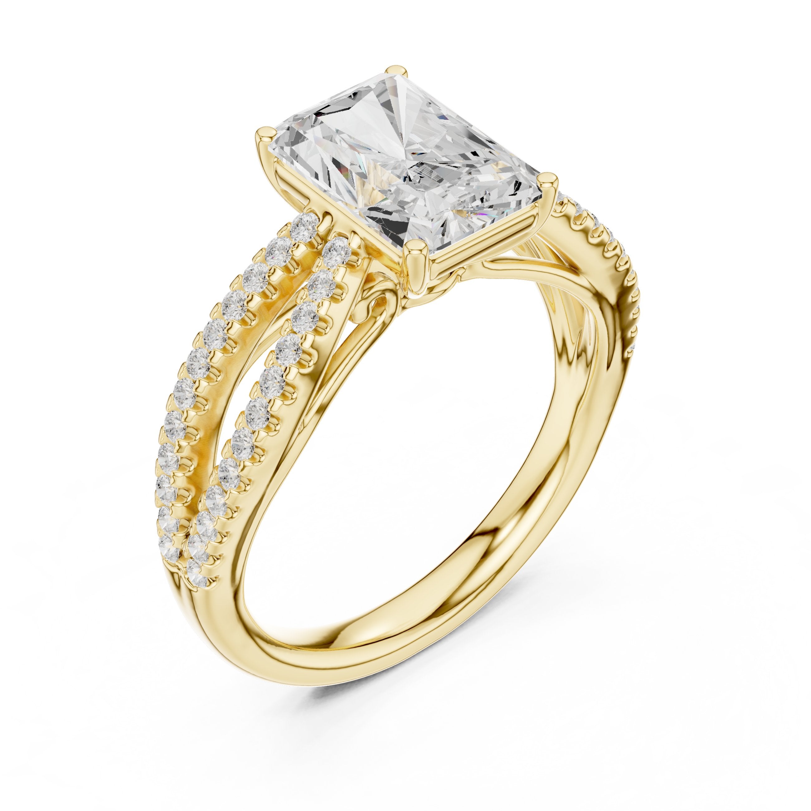 Radiant Cut Engagement Ring with Crossover Pavé Split Shank in Yellow Gold - VYKA Diamonds