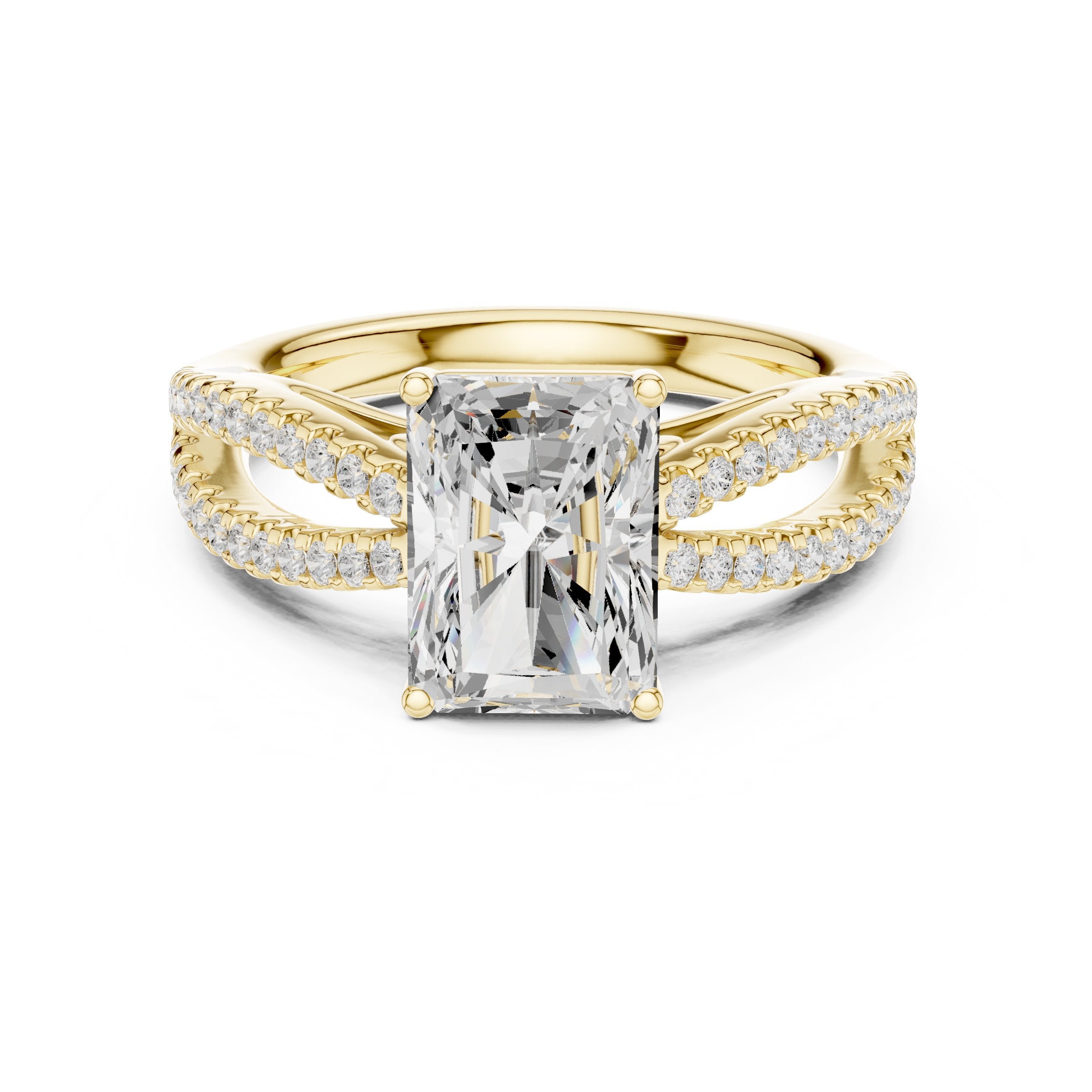 Radiant Cut Engagement Ring with Crossover Pavé Split Shank in Yellow Gold - VYKA Diamonds