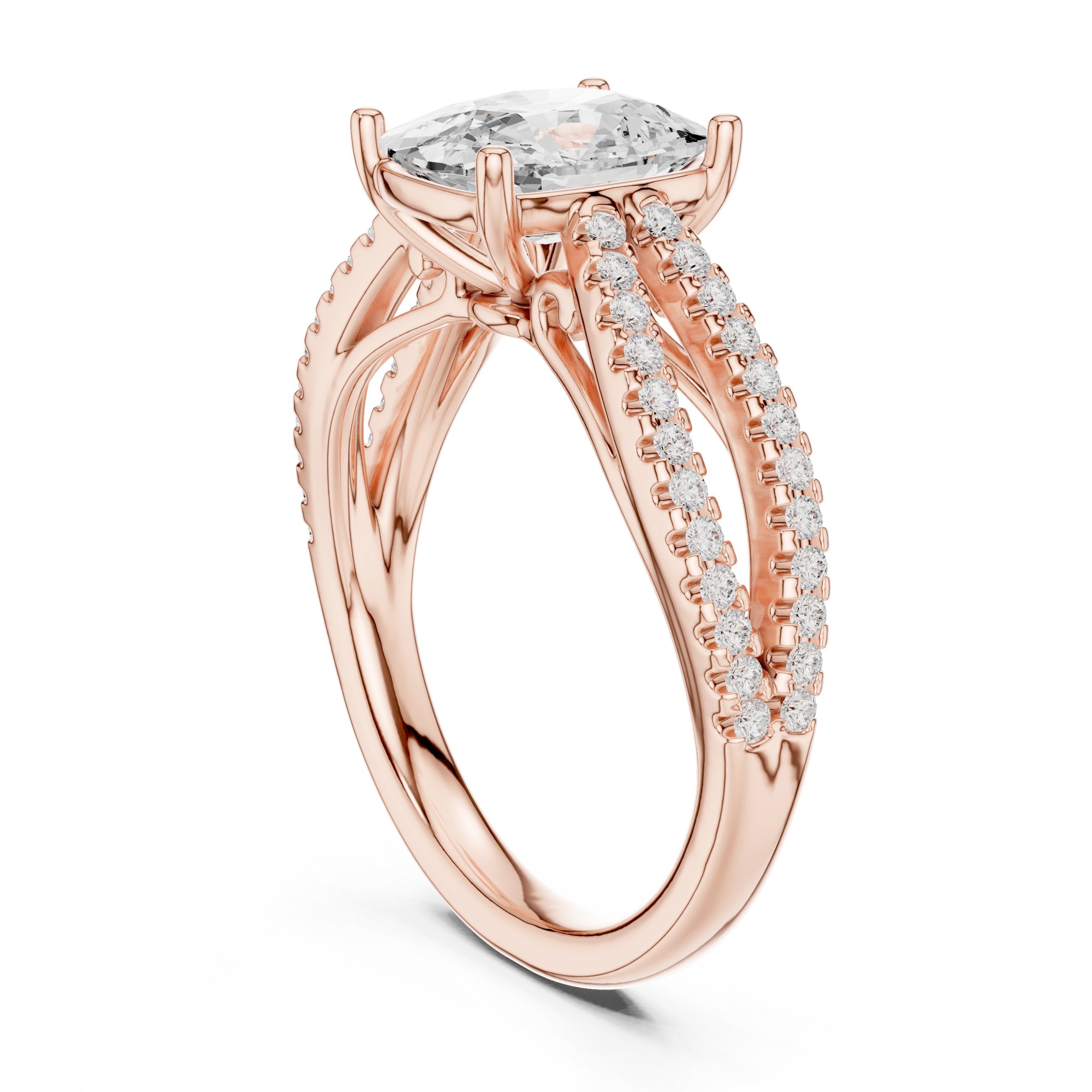 Cushion Cut Engagement Ring with Crossover Pavé Split Shank in Rose Gold - VYKA Diamonds