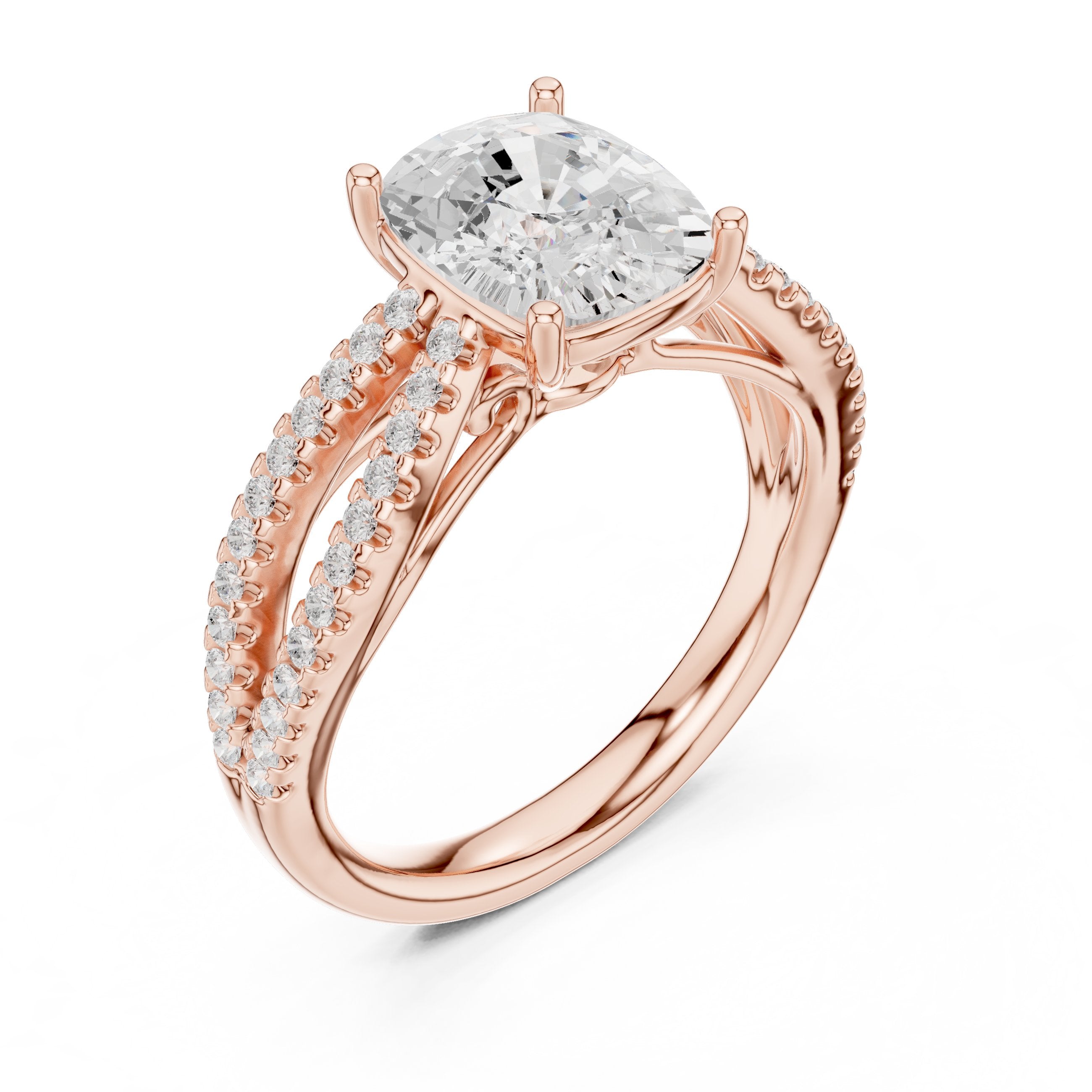Cushion Cut Engagement Ring with Crossover Pavé Split Shank in Rose Gold - VYKA Diamonds