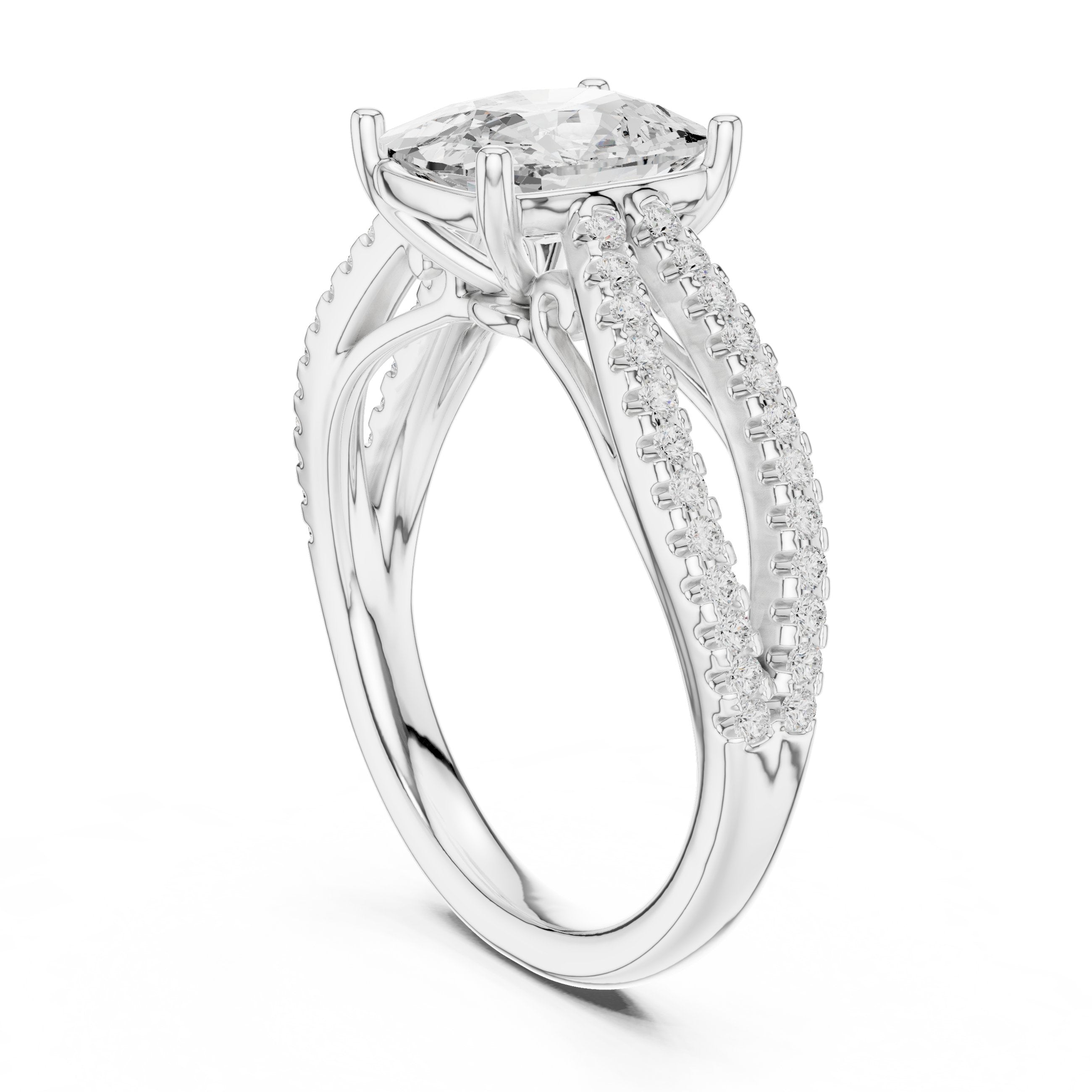 Cushion Cut Engagement Ring with Crossover Pavé Split Shank in White Gold - VYKA Diamonds