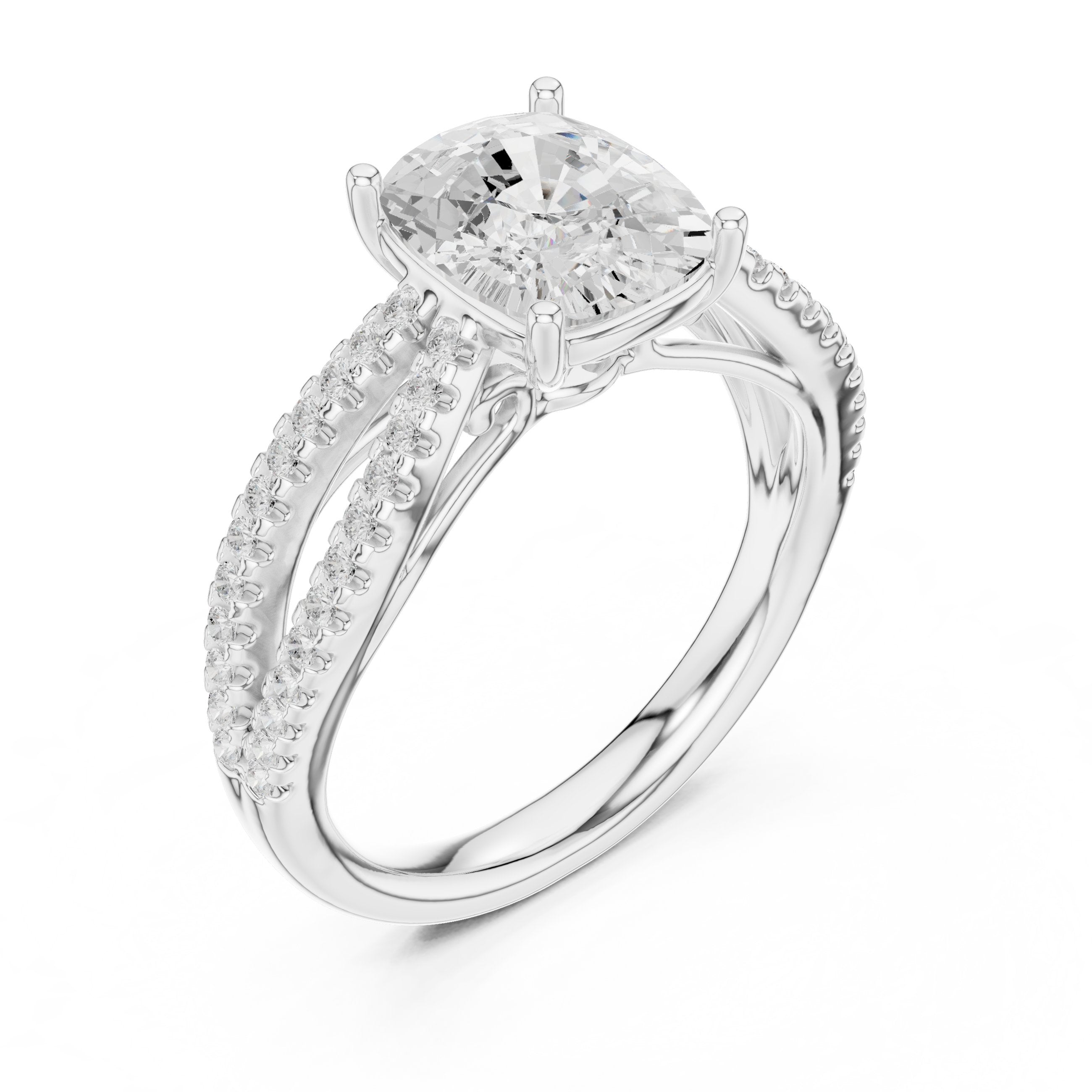 Cushion Cut Engagement Ring with Crossover Pavé Split Shank in White Gold - VYKA Diamonds