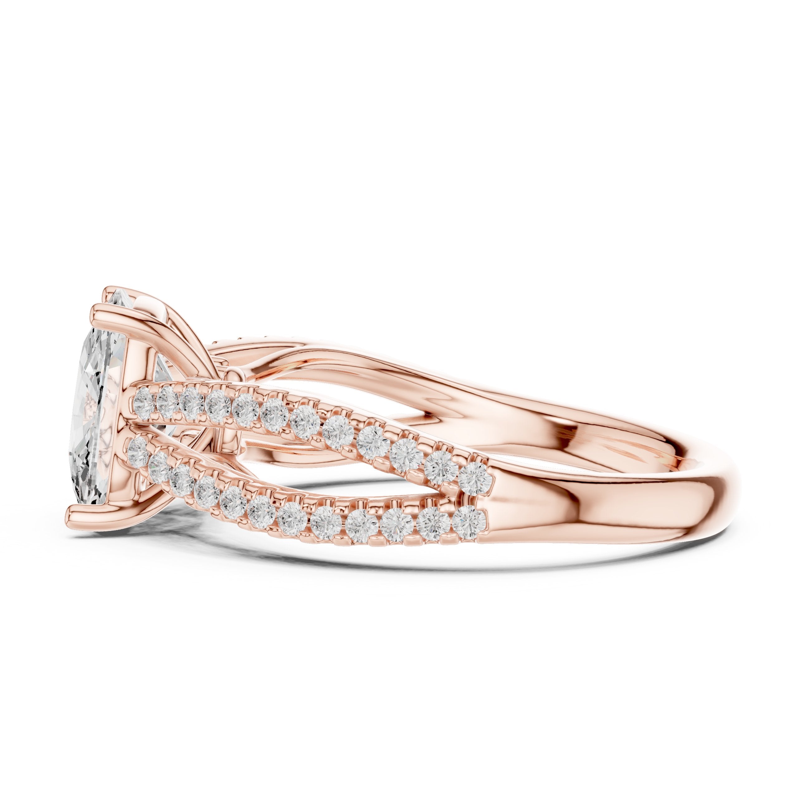 Cushion Cut Engagement Ring with Crossover Pavé Split Shank in Rose Gold - VYKA Diamonds