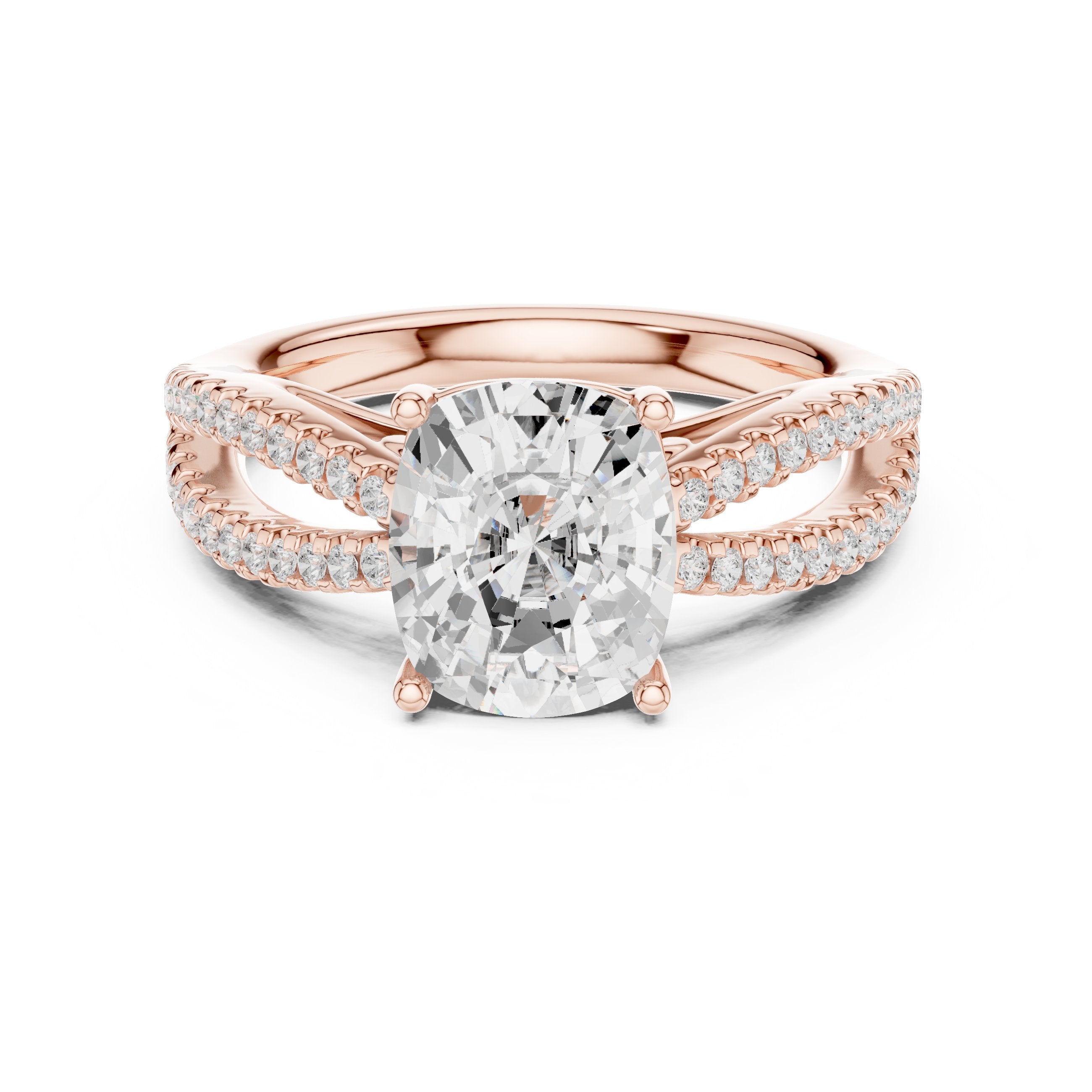 Cushion Cut Engagement Ring with Crossover Pavé Split Shank in Rose Gold - VYKA Diamonds