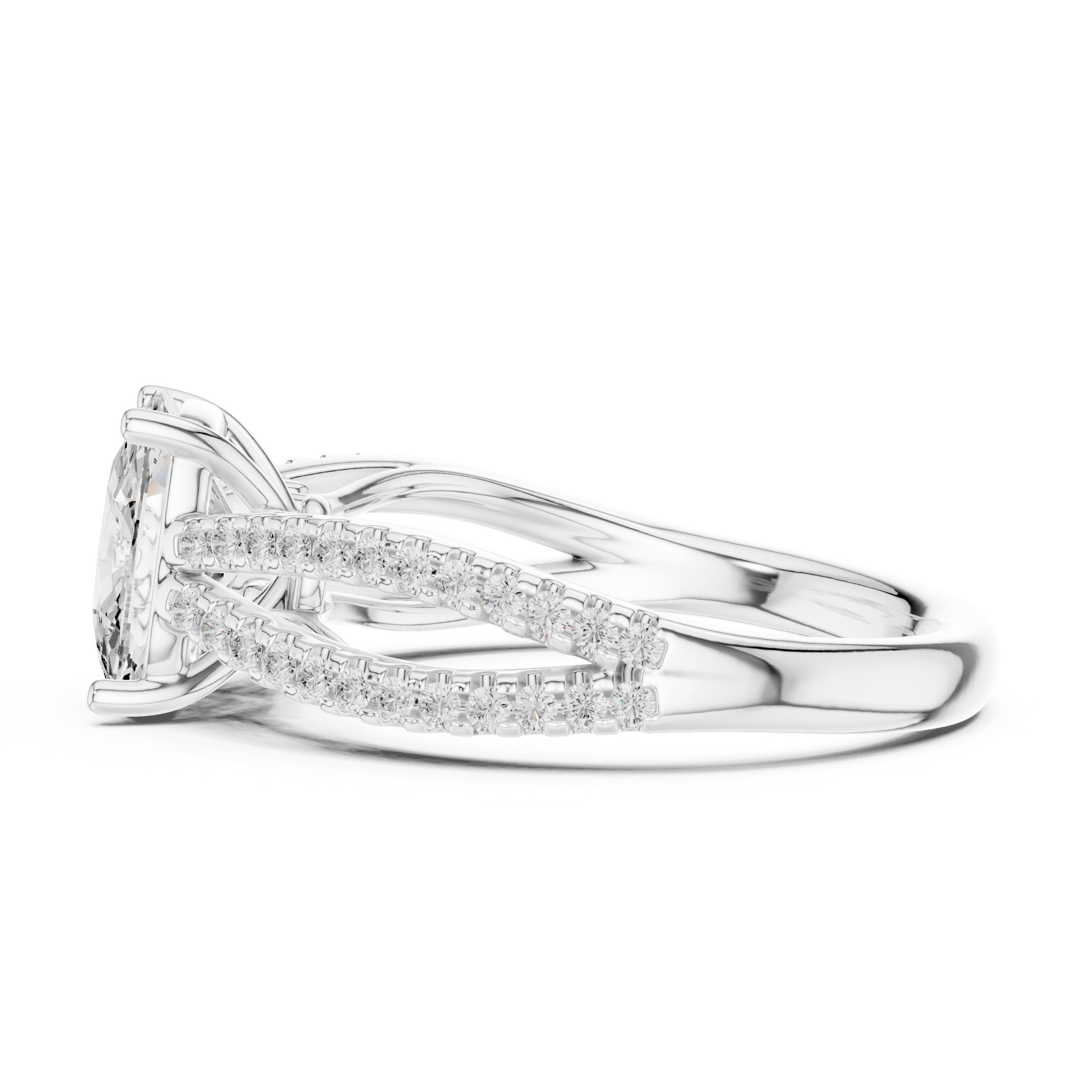 Cushion Cut Engagement Ring with Crossover Pavé Split Shank in White Gold - VYKA Diamonds