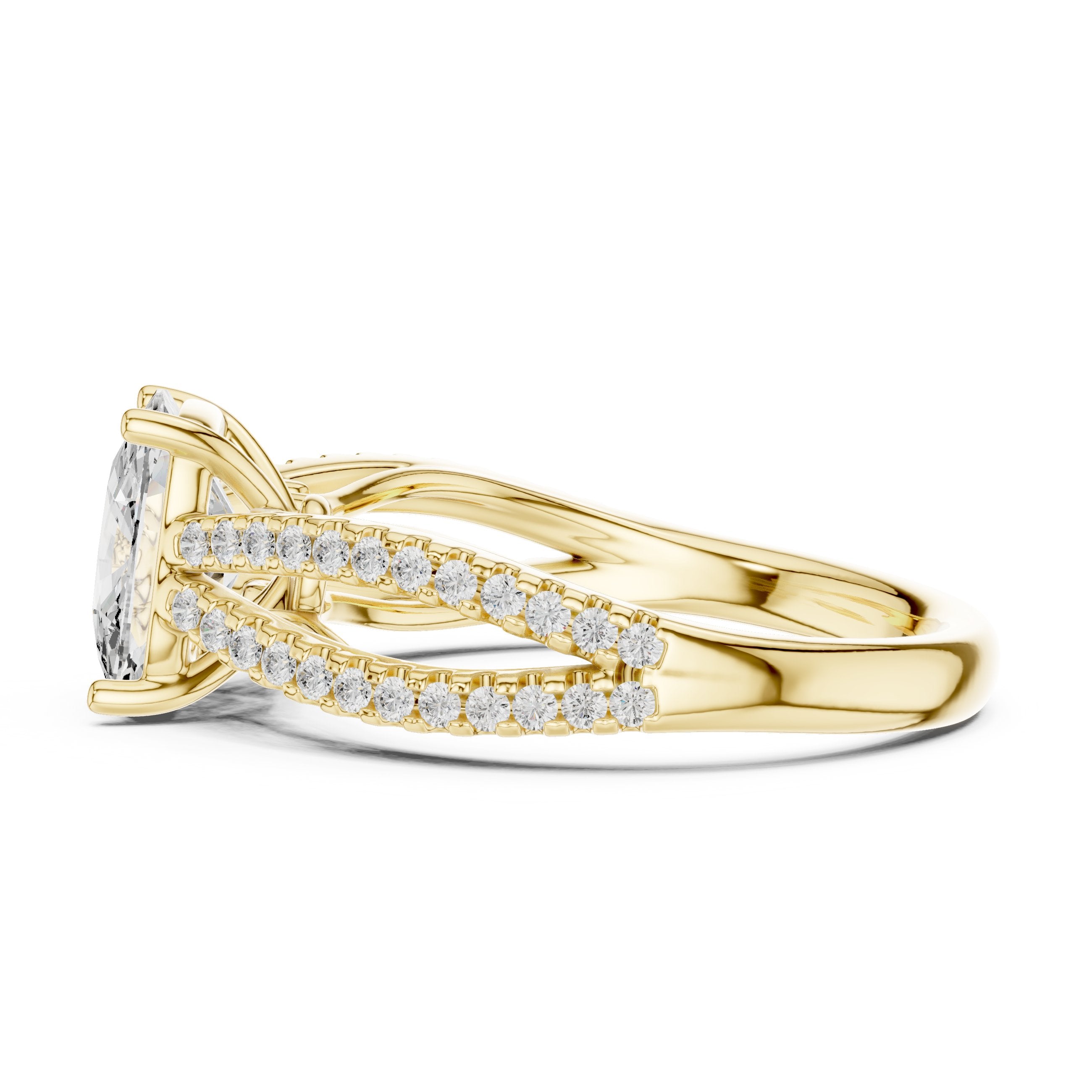 Cushion Cut Engagement Ring with Crossover Pavé Split Shank in Yellow Gold - VYKA Diamonds