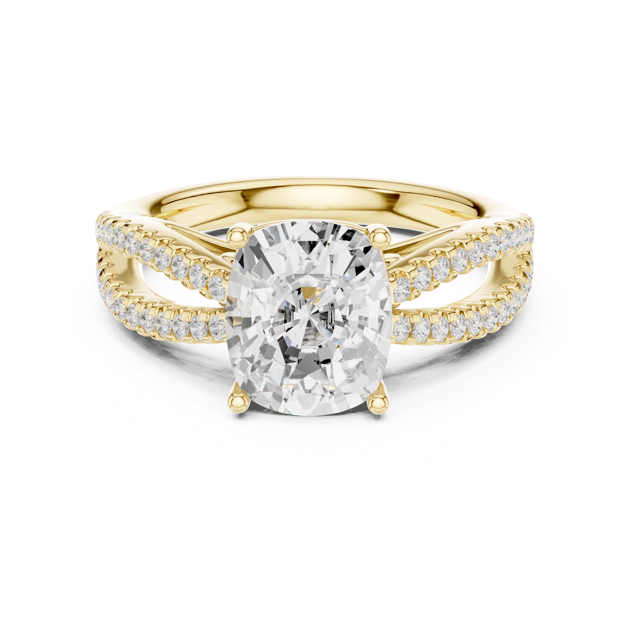 Cushion Cut Engagement Ring with Crossover Pavé Split Shank in Yellow Gold - VYKA Diamonds