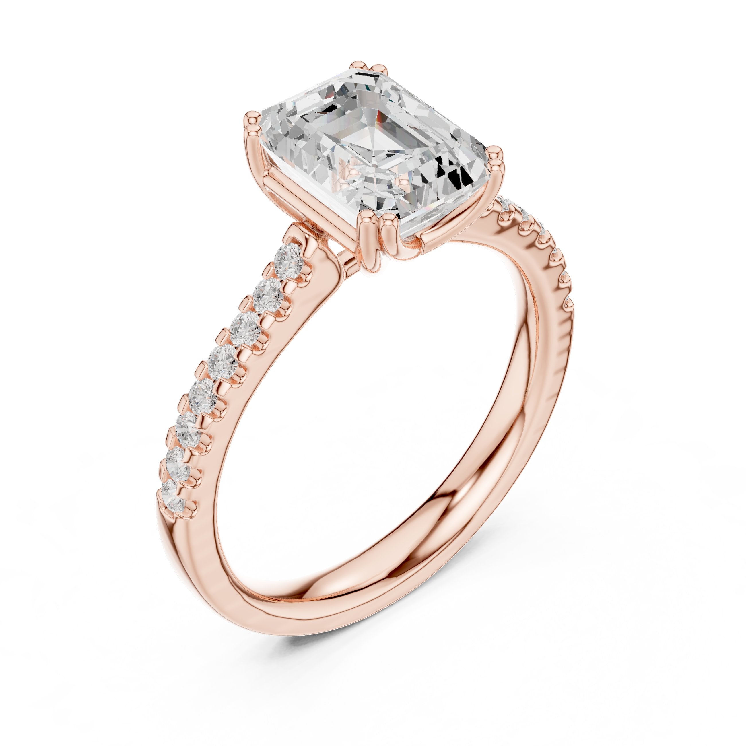 Emerald Cut Diamond Engagement Ring with Pavé Band in Rose Gold - VYKA Diamonds