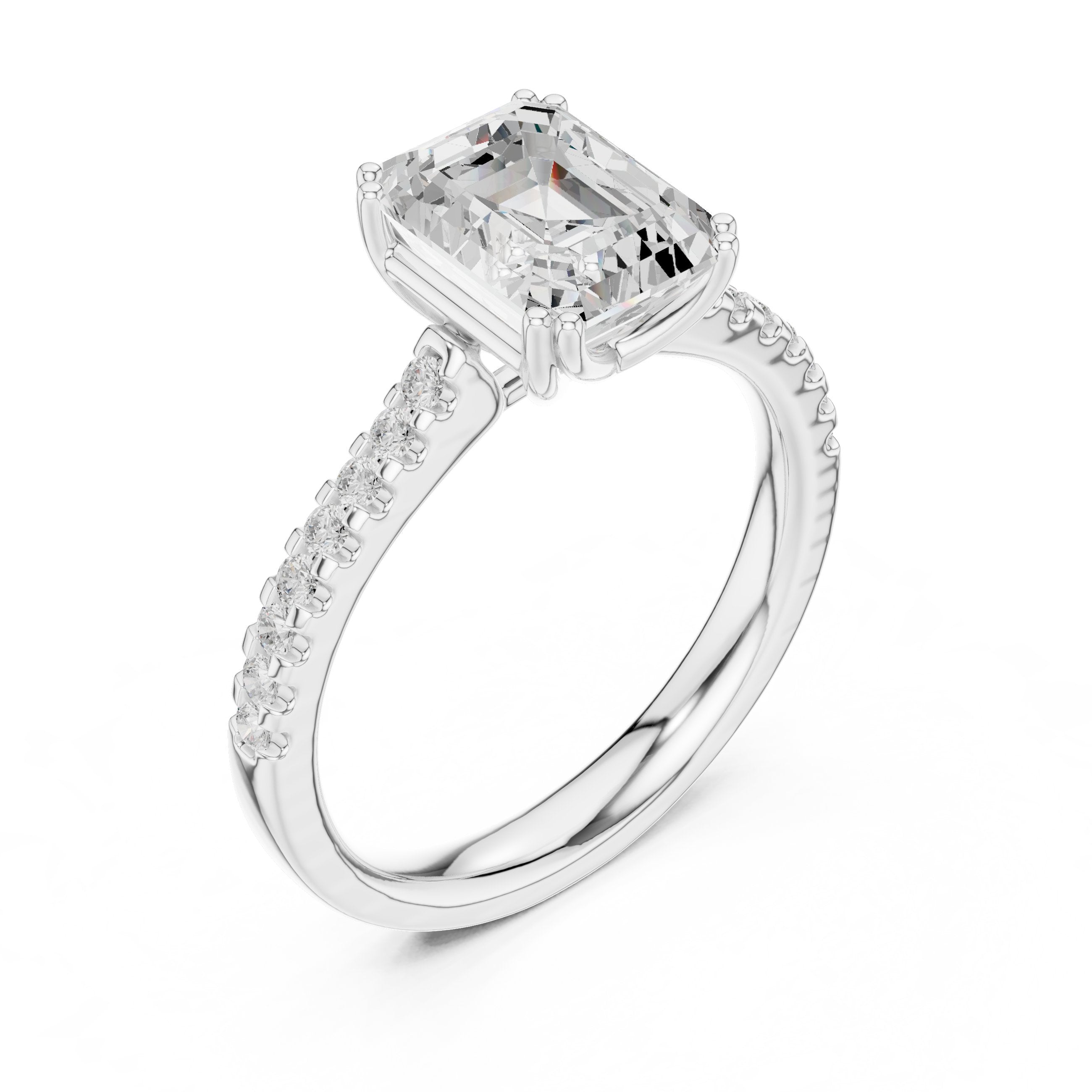 Emerald Cut Diamond Engagement Ring with Pavé Band in White Gold - VYKA Diamonds