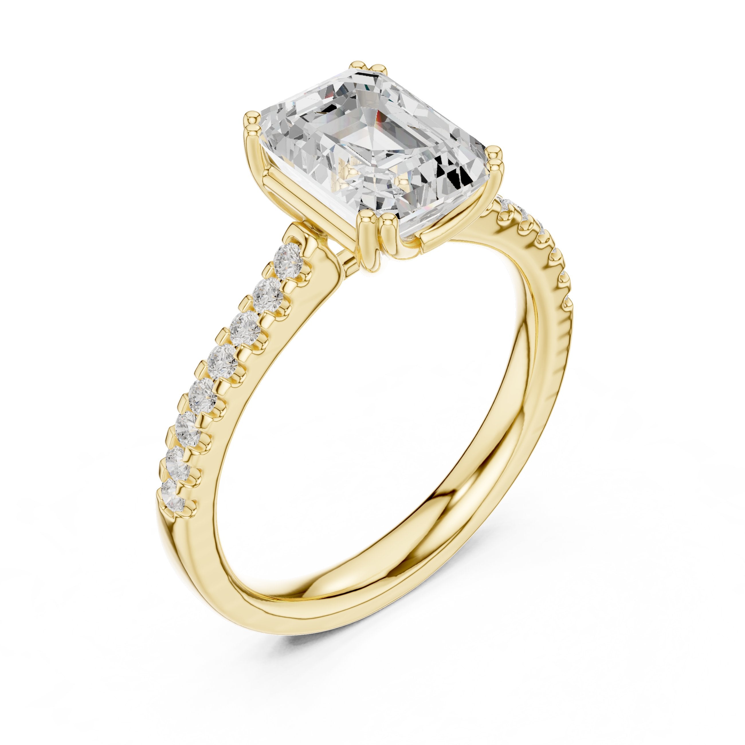 Emerald Cut Diamond Engagement Ring with Pavé Band in Yellow Gold - VYKA Diamonds