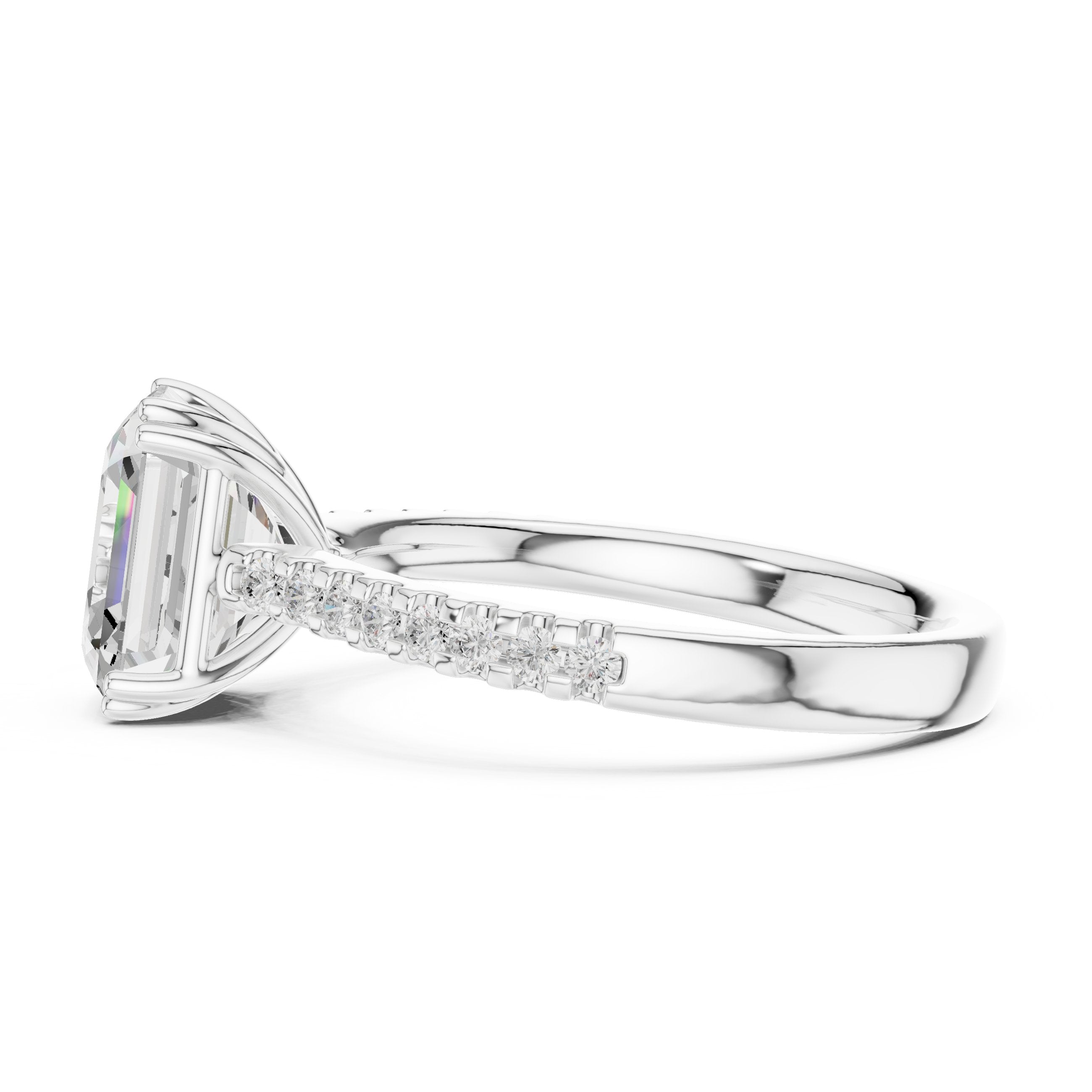 Emerald Cut Diamond Engagement Ring with Pavé Band in White Gold - VYKA Diamonds