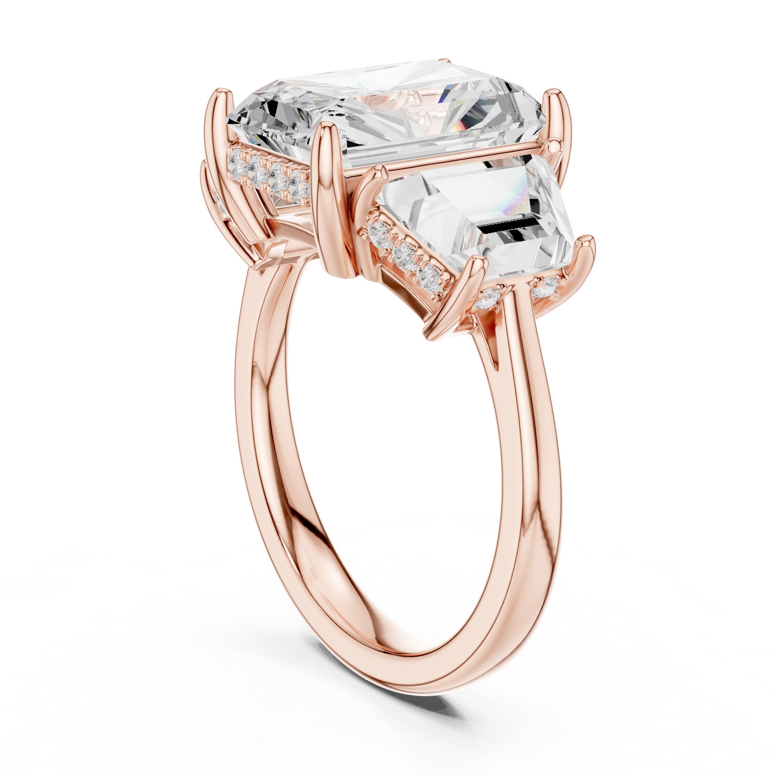 Radiant Cut Three Stone Engagement Ring with Trapezoid Side Stones in Rose Gold - VYKA Diamonds