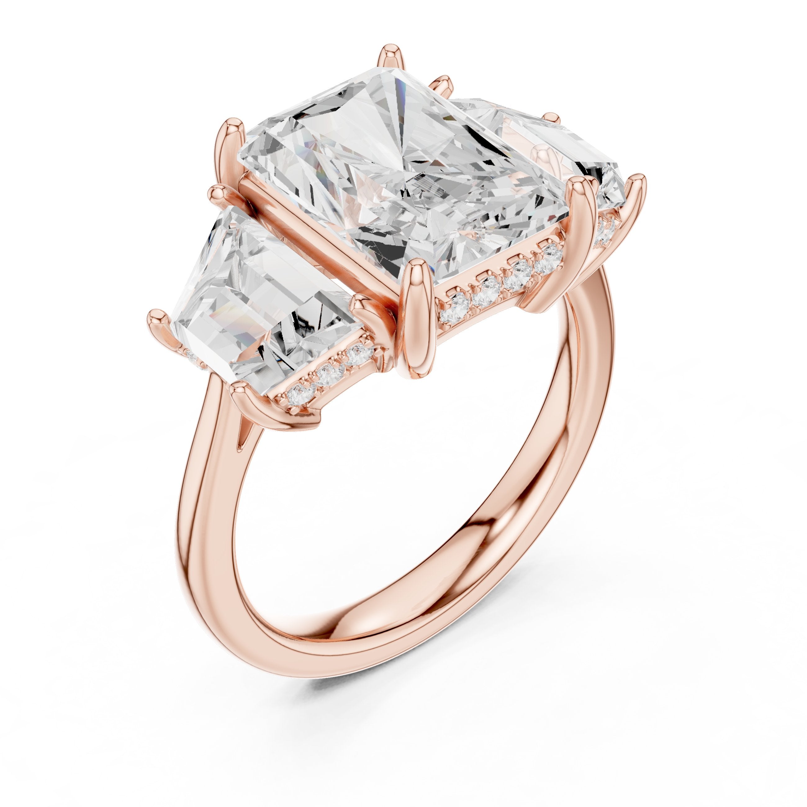 Radiant Cut Three Stone Engagement Ring with Trapezoid Side Stones in Rose Gold - VYKA Diamonds