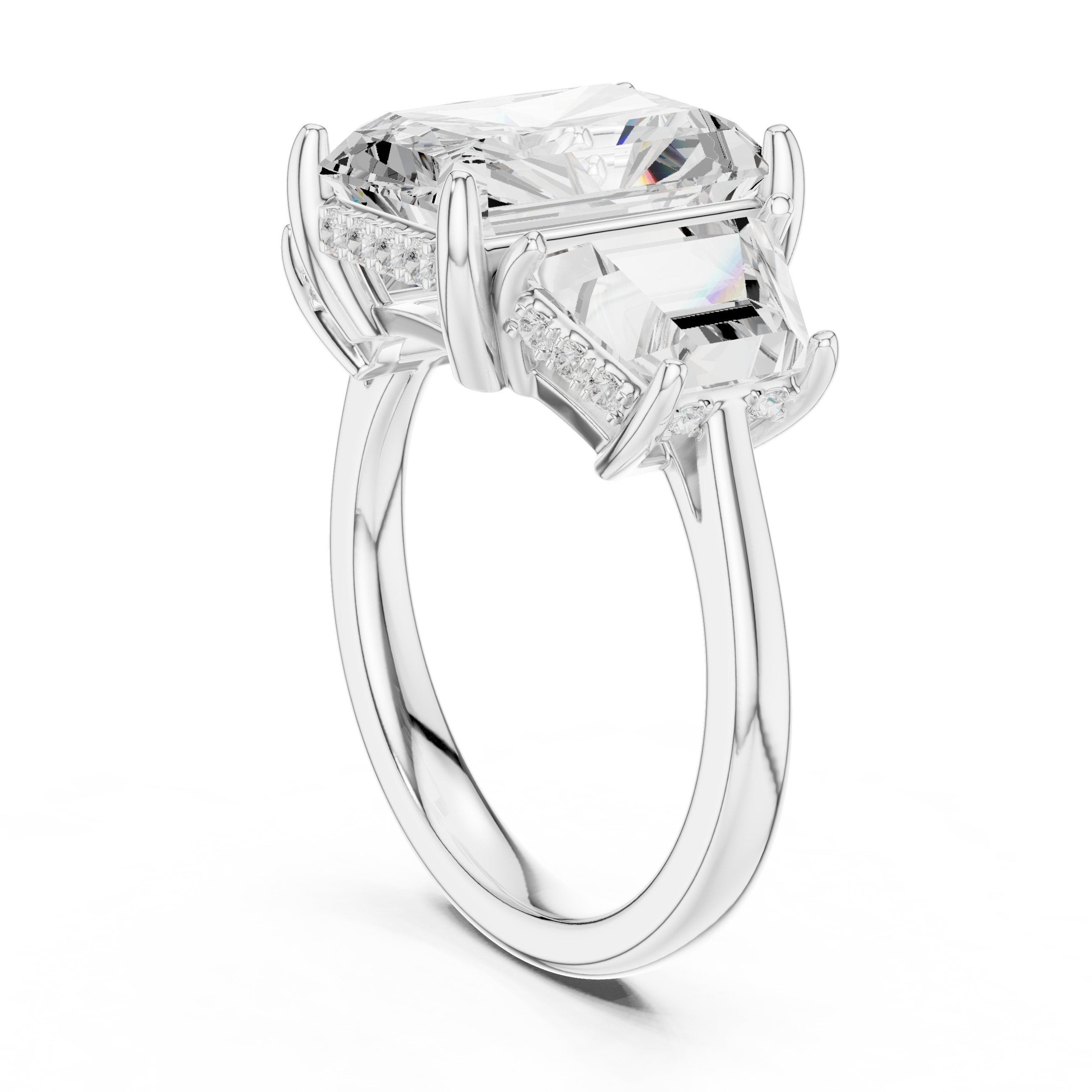 Radiant Cut Three Stone Engagement Ring with Trapezoid Side Stones in White Gold - VYKA Diamonds